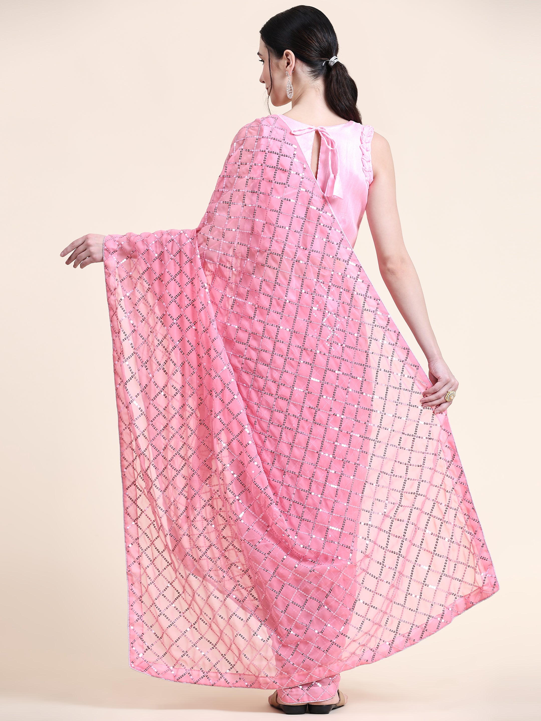 Women's Sequin Checked Paty Wear Contemporary Georgette Saree With Blouse Piece (Baby Pink) - NIMIDHYA