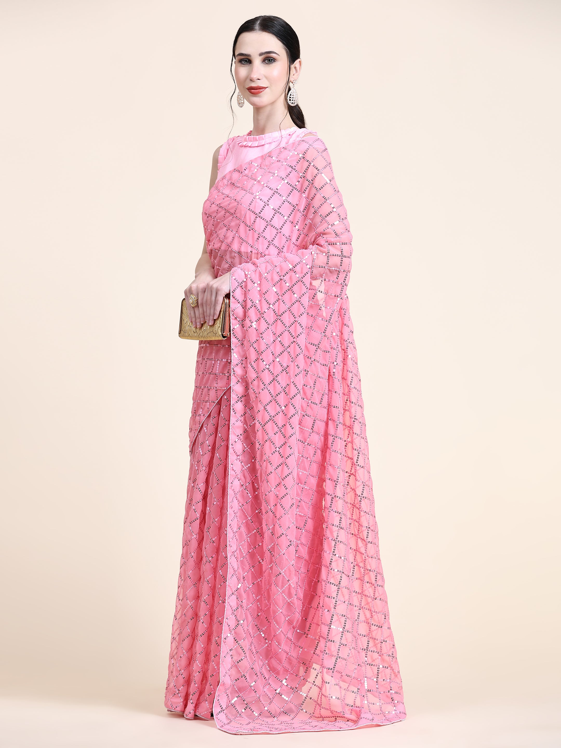Women's Sequin Checked Paty Wear Contemporary Georgette Saree With Blouse Piece (Baby Pink) - NIMIDHYA