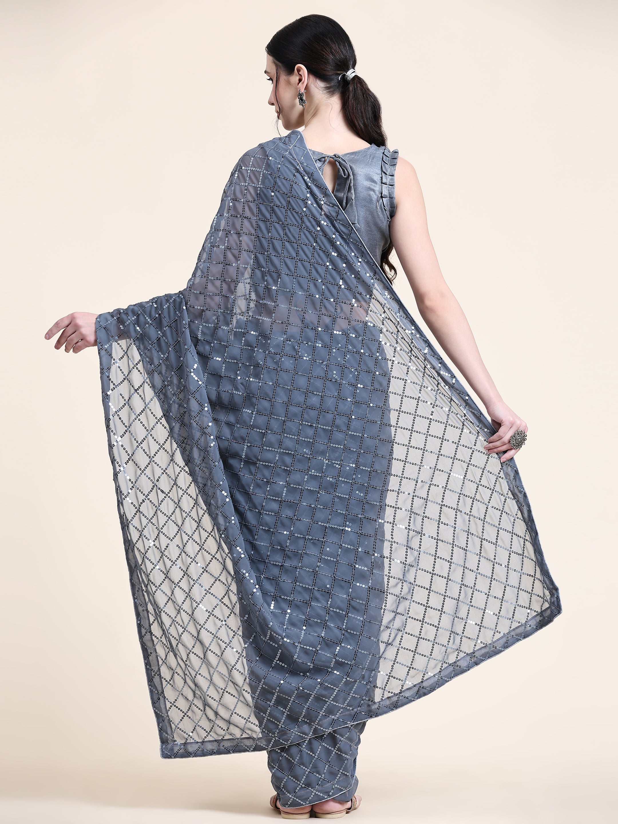 Women's Sequin Checked Paty Wear Contemporary Georgette Saree With Blouse Piece (Grey) - NIMIDHYA