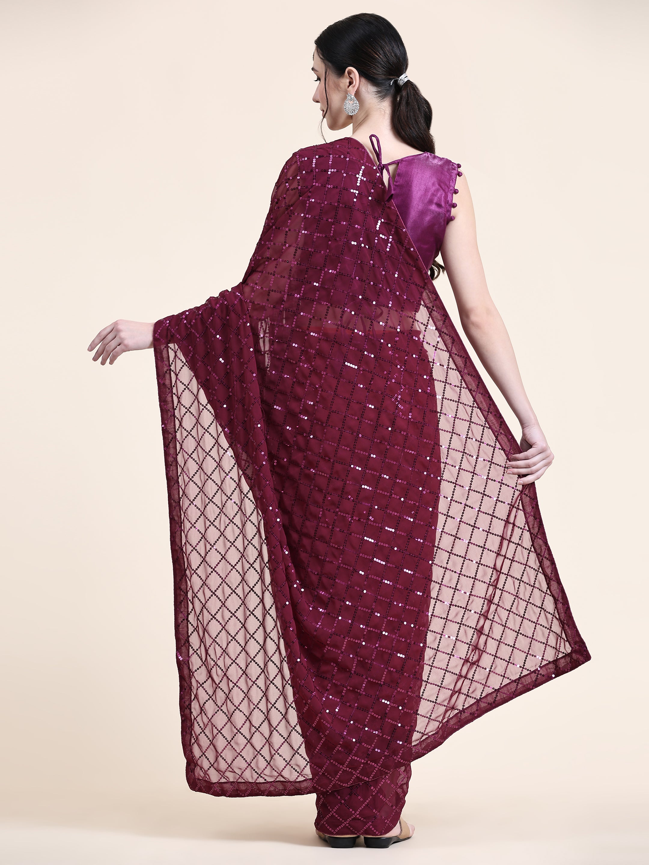 Women's Sequin Checked Paty Wear Contemporary Georgette Saree With Blouse Piece (Purple) - NIMIDHYA