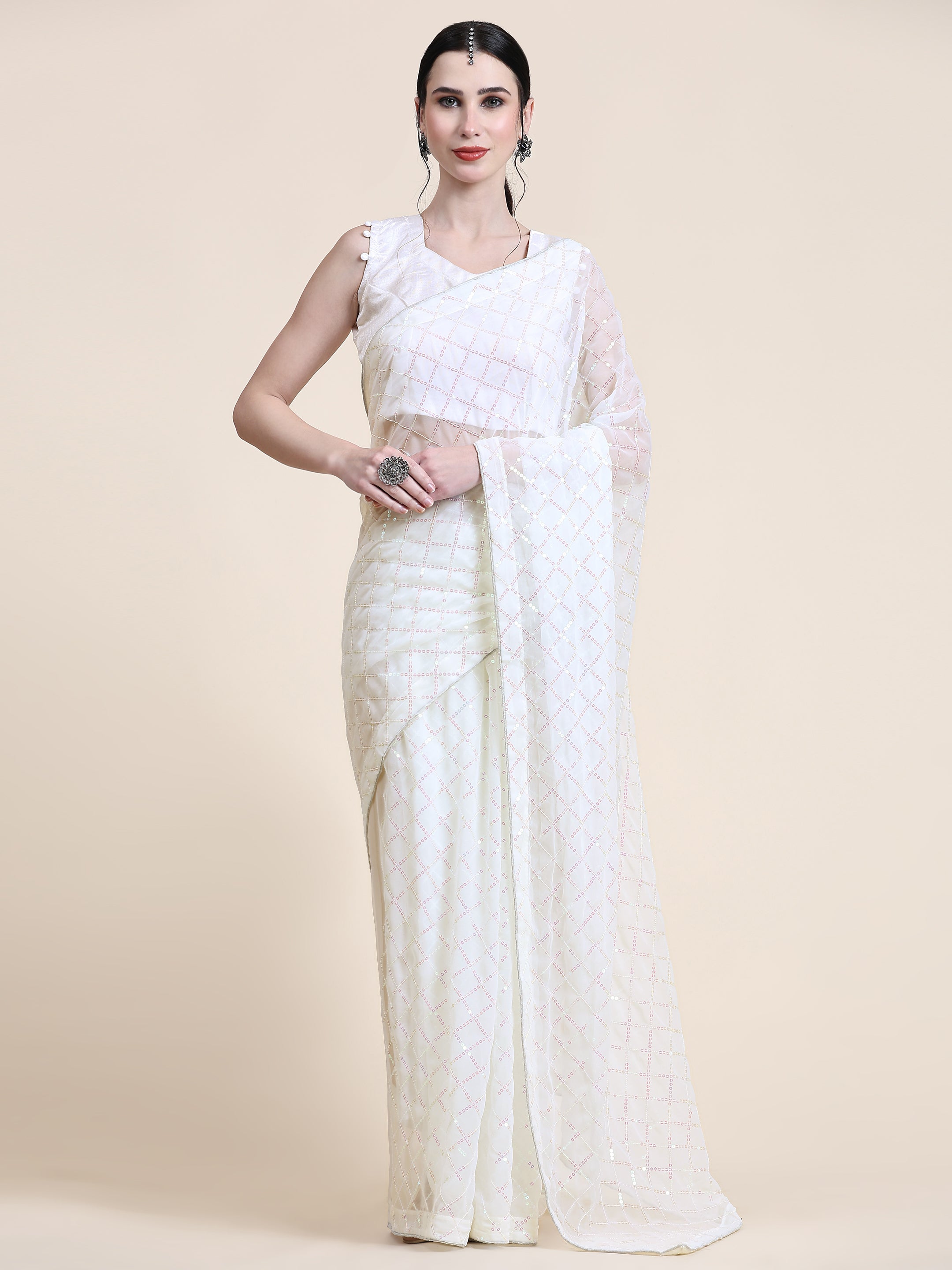 Women's Sequin Checked Paty Wear Contemporary Georgette Saree With Blouse Piece (White) - NIMIDHYA