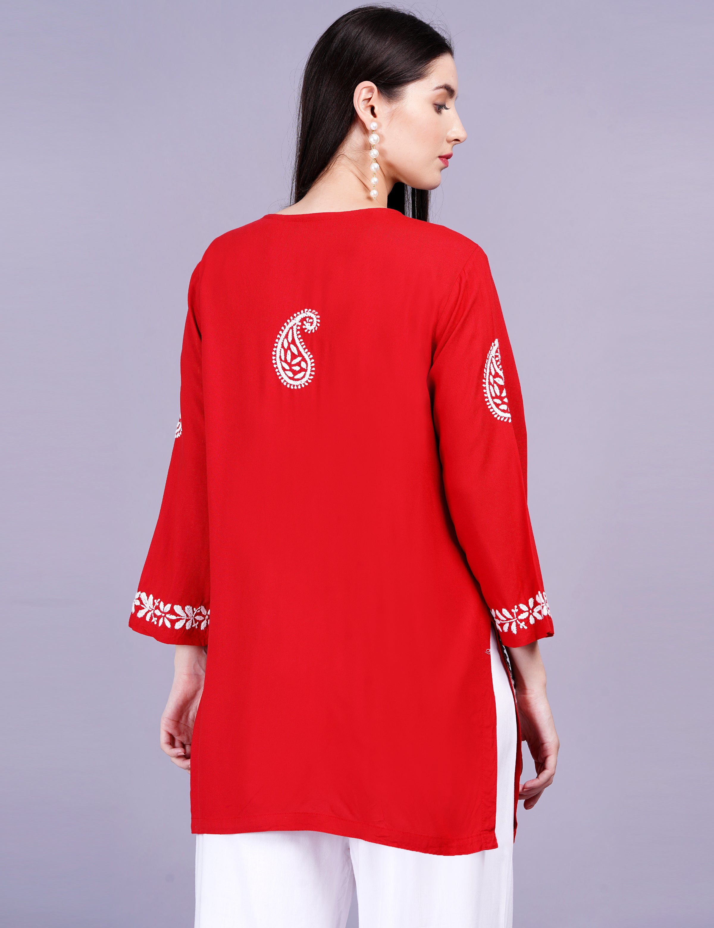 Women's Red Viscose Rayon Chikankari Kurti