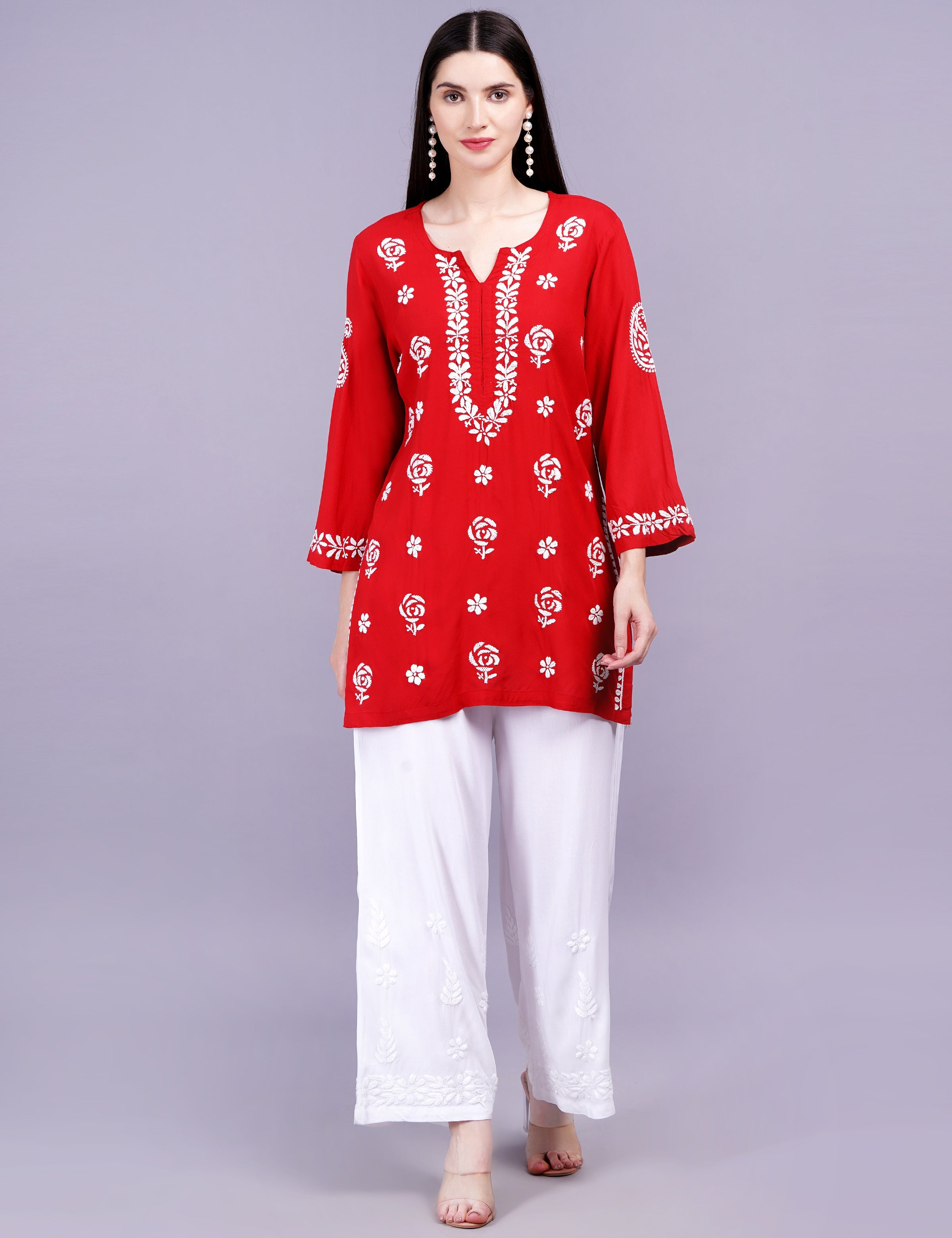 Women's Red Viscose Rayon Chikankari Kurti