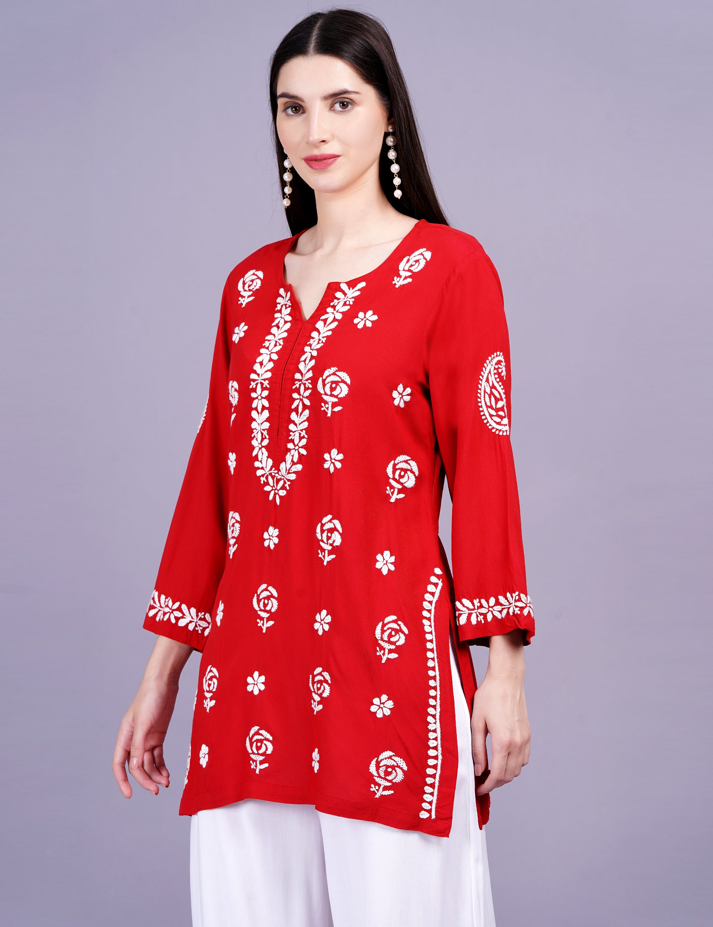 Women's Red Viscose Rayon Chikankari Kurti
