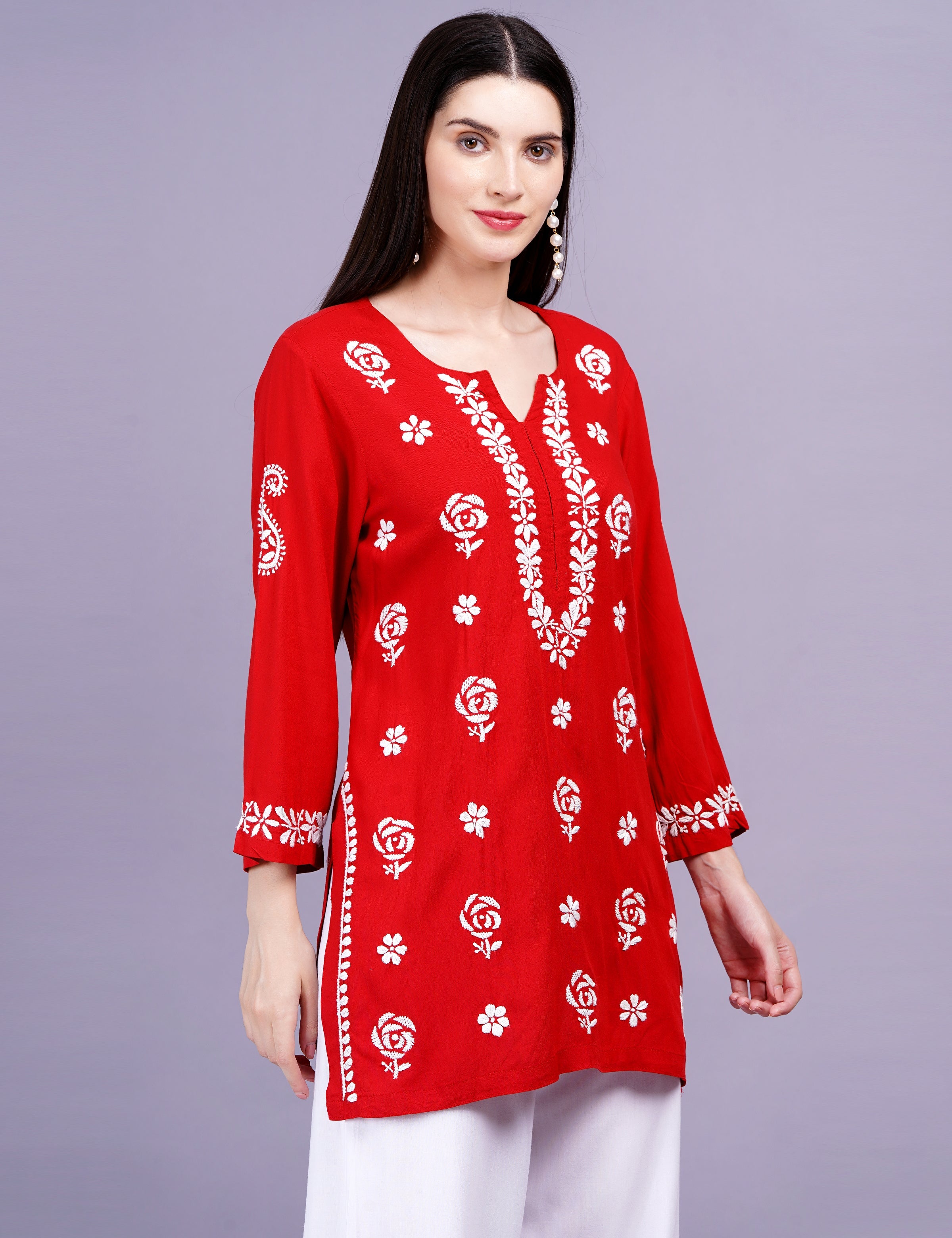 Women's Red Viscose Rayon Chikankari Kurti