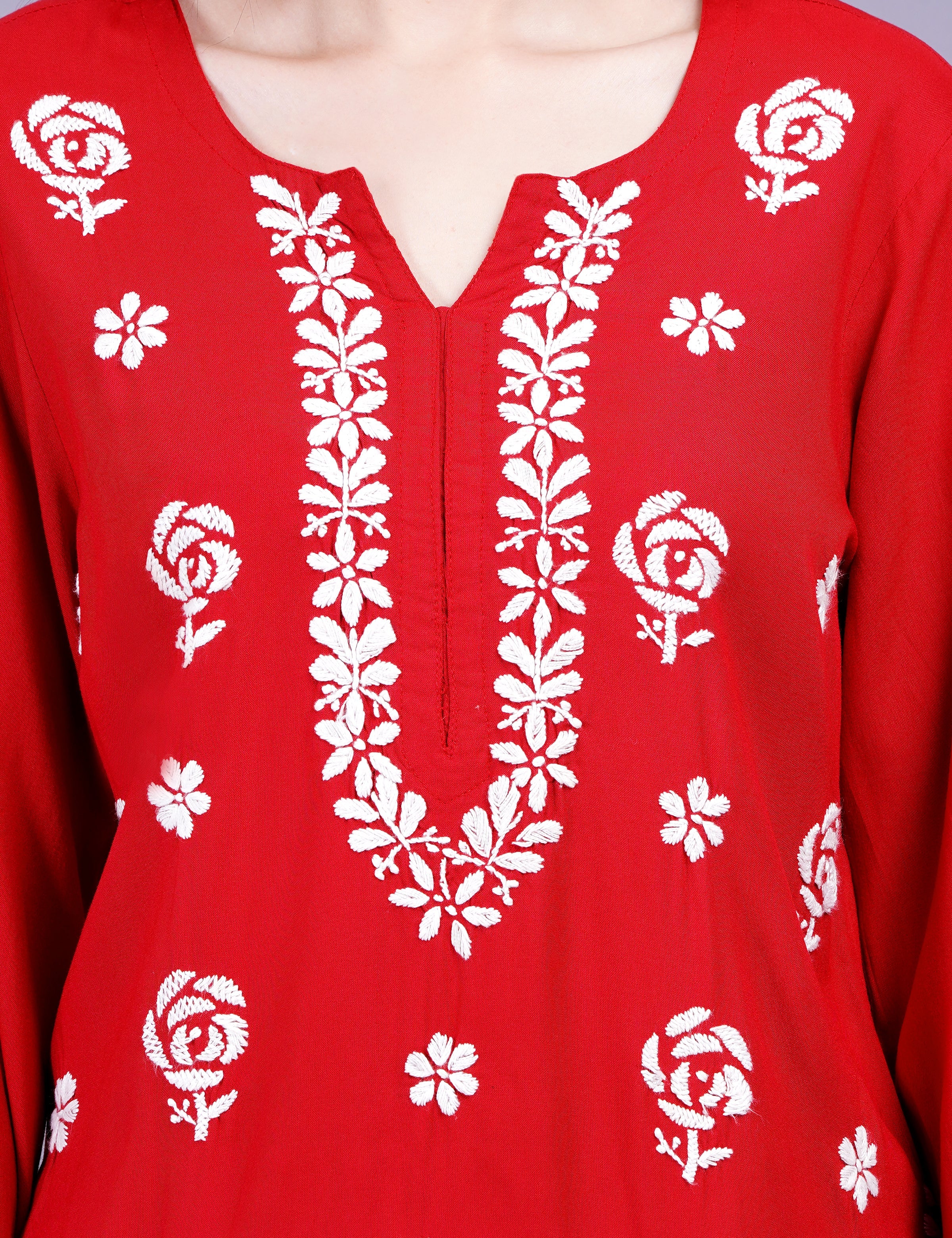 Women's Red Viscose Rayon Chikankari Kurti