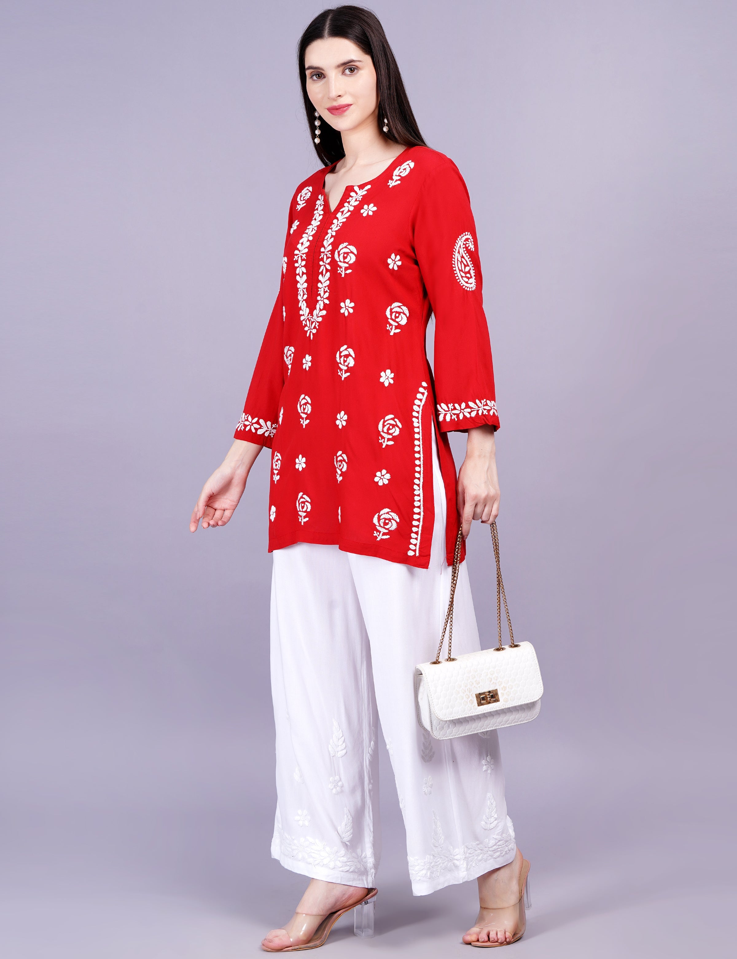 Women's Red Viscose Rayon Chikankari Kurti