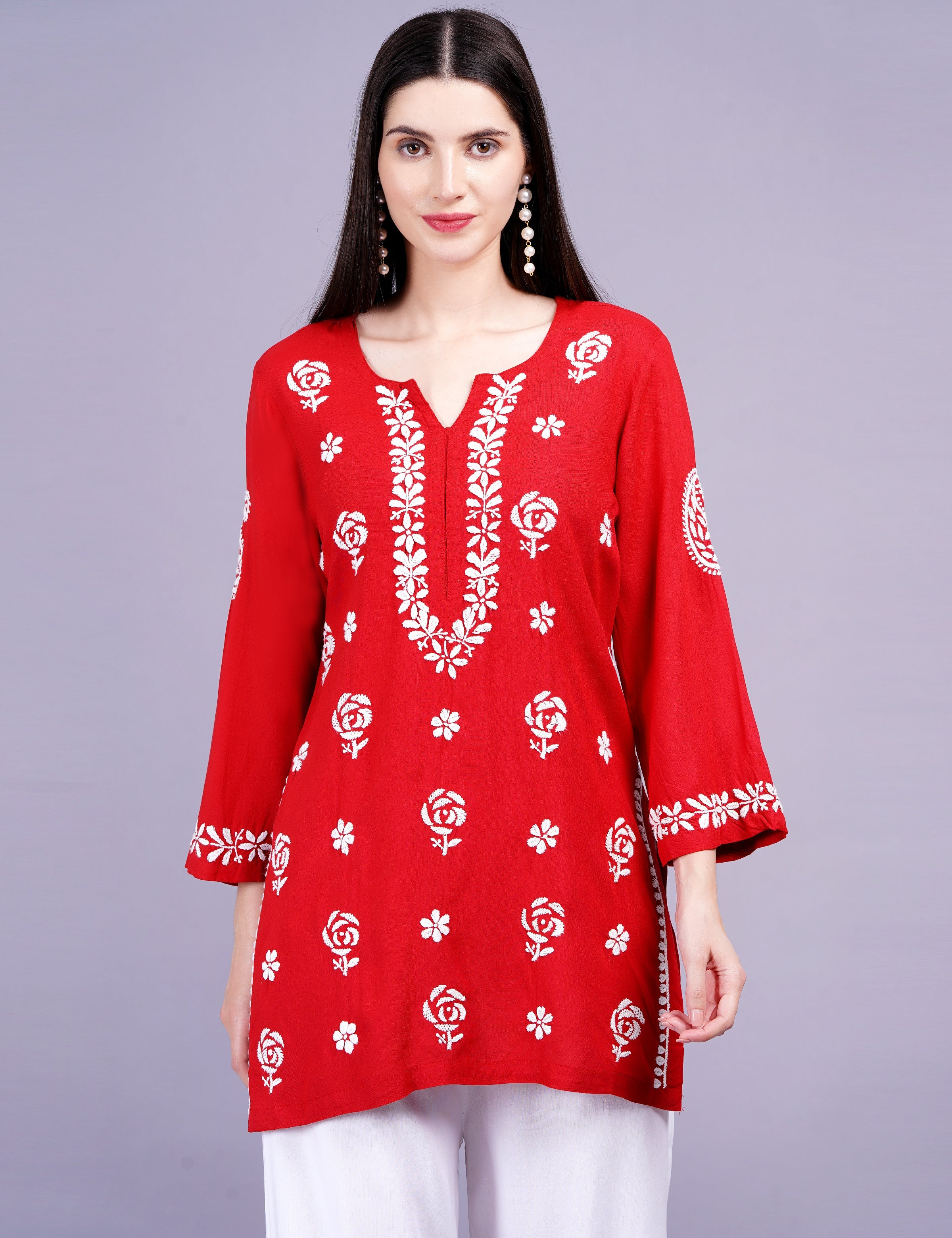 Women's Red Viscose Rayon Chikankari Kurti