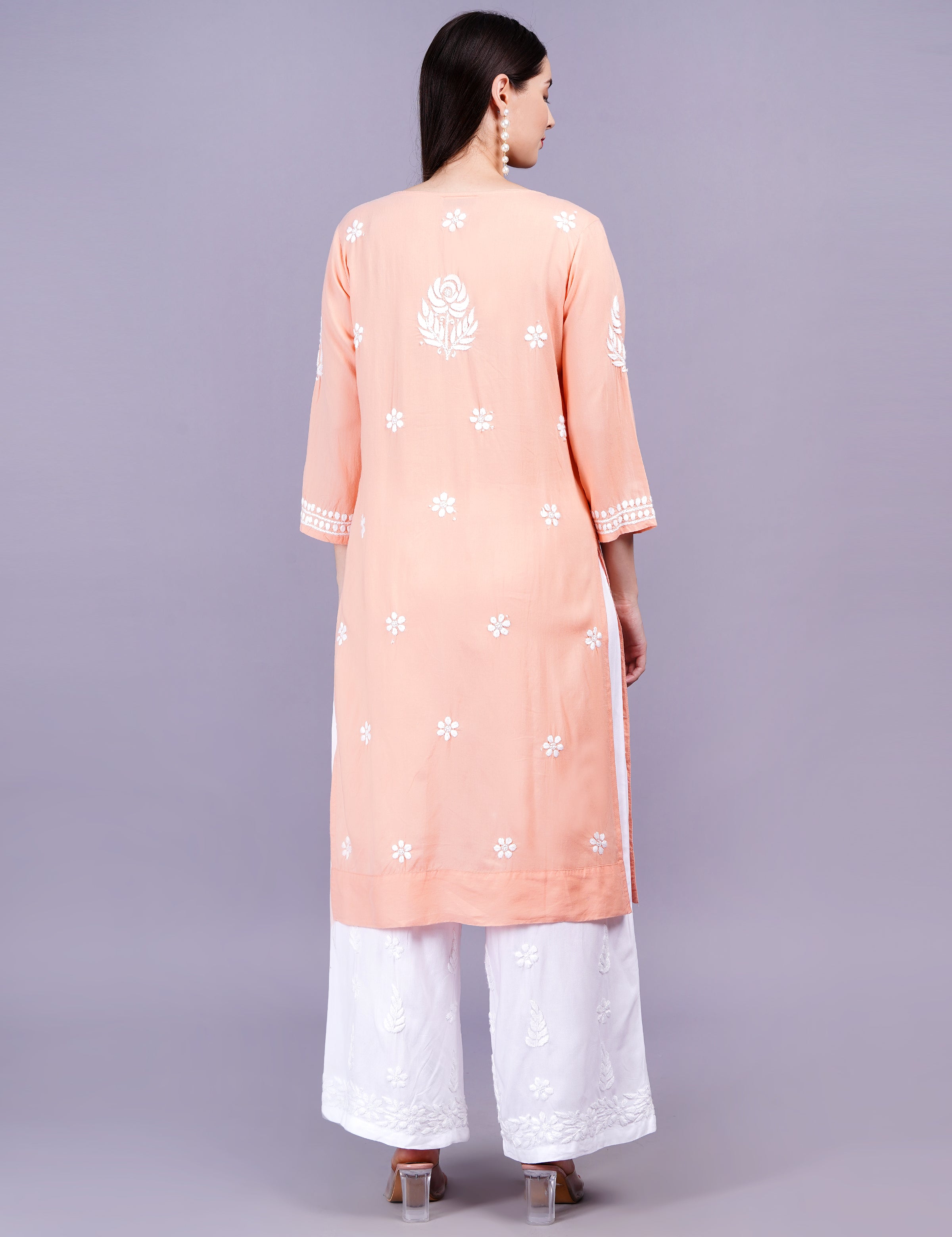 Women's Light Orange Modal Chikankari Kurti
