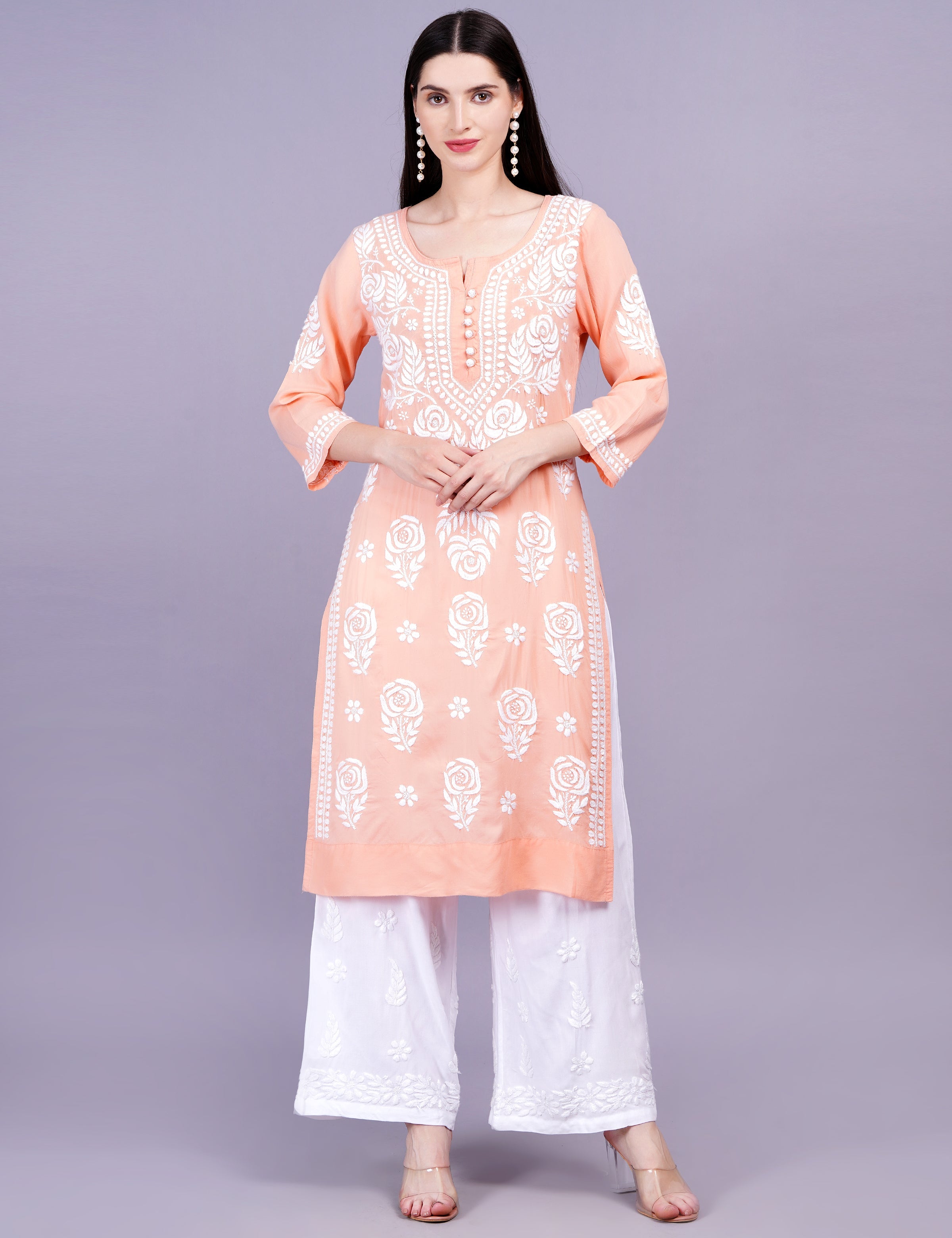 Women's Light Orange Modal Chikankari Kurti