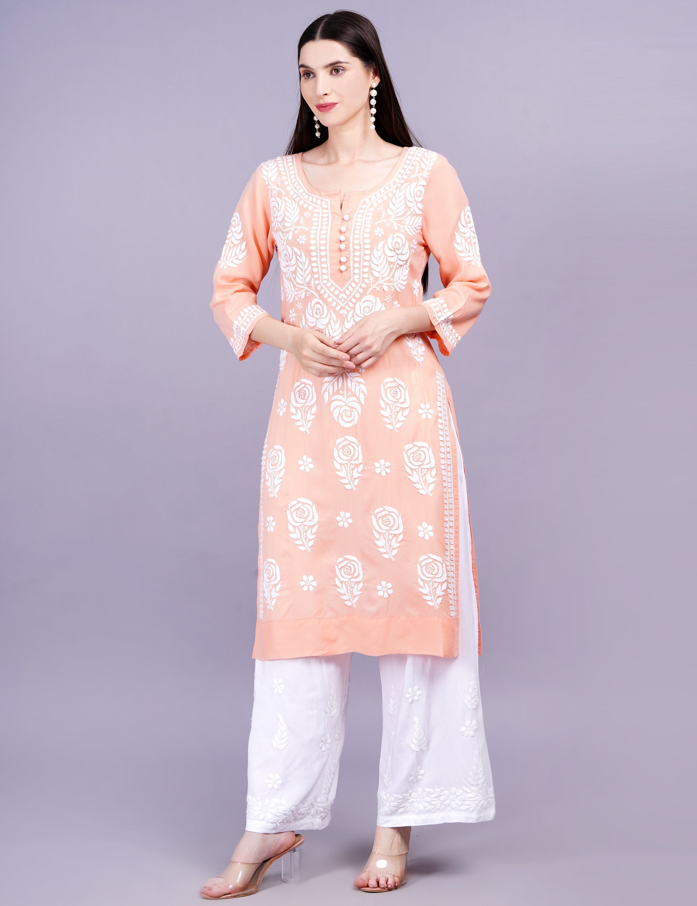 Women's Light Orange Modal Chikankari Kurti