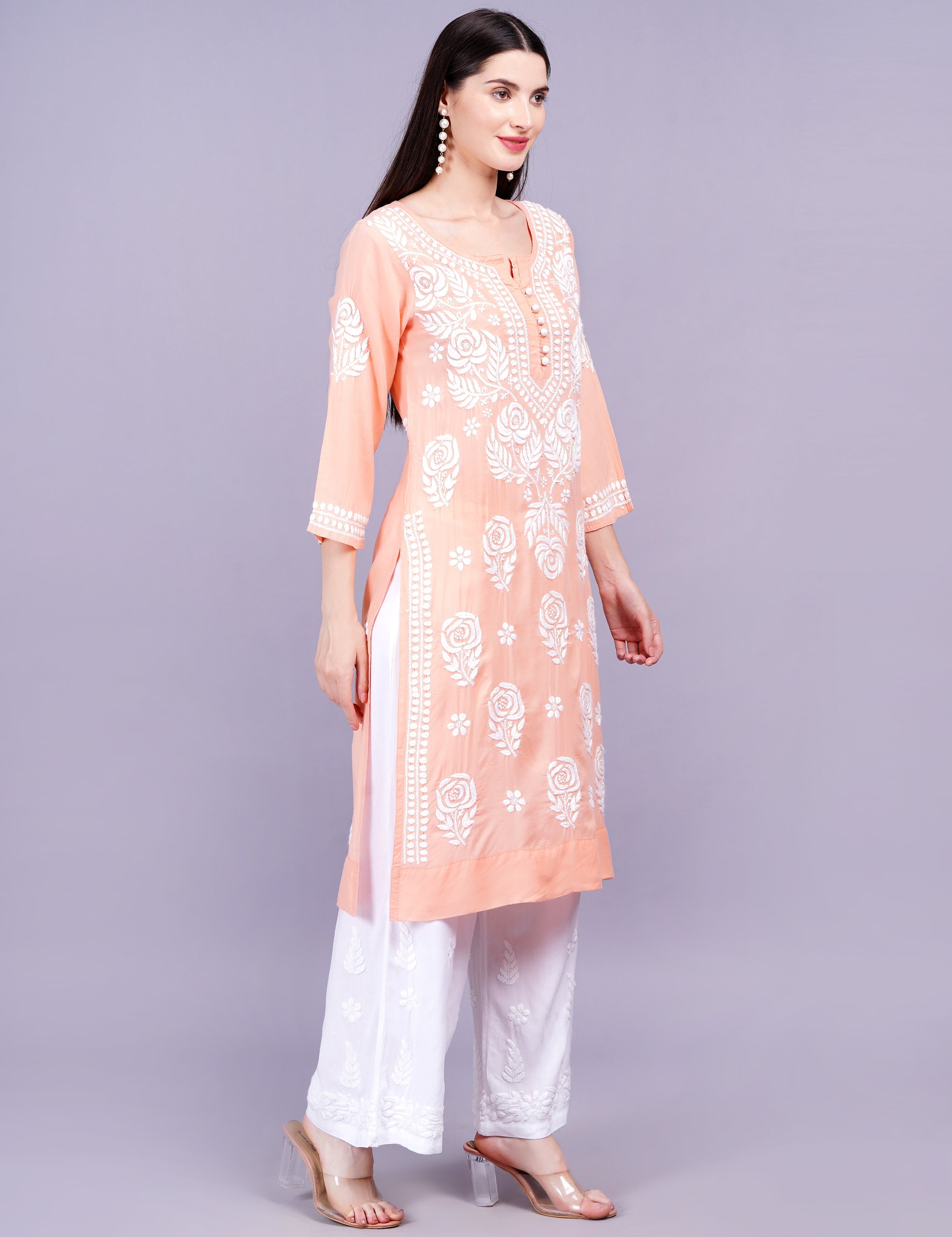 Women's Light Orange Modal Chikankari Kurti