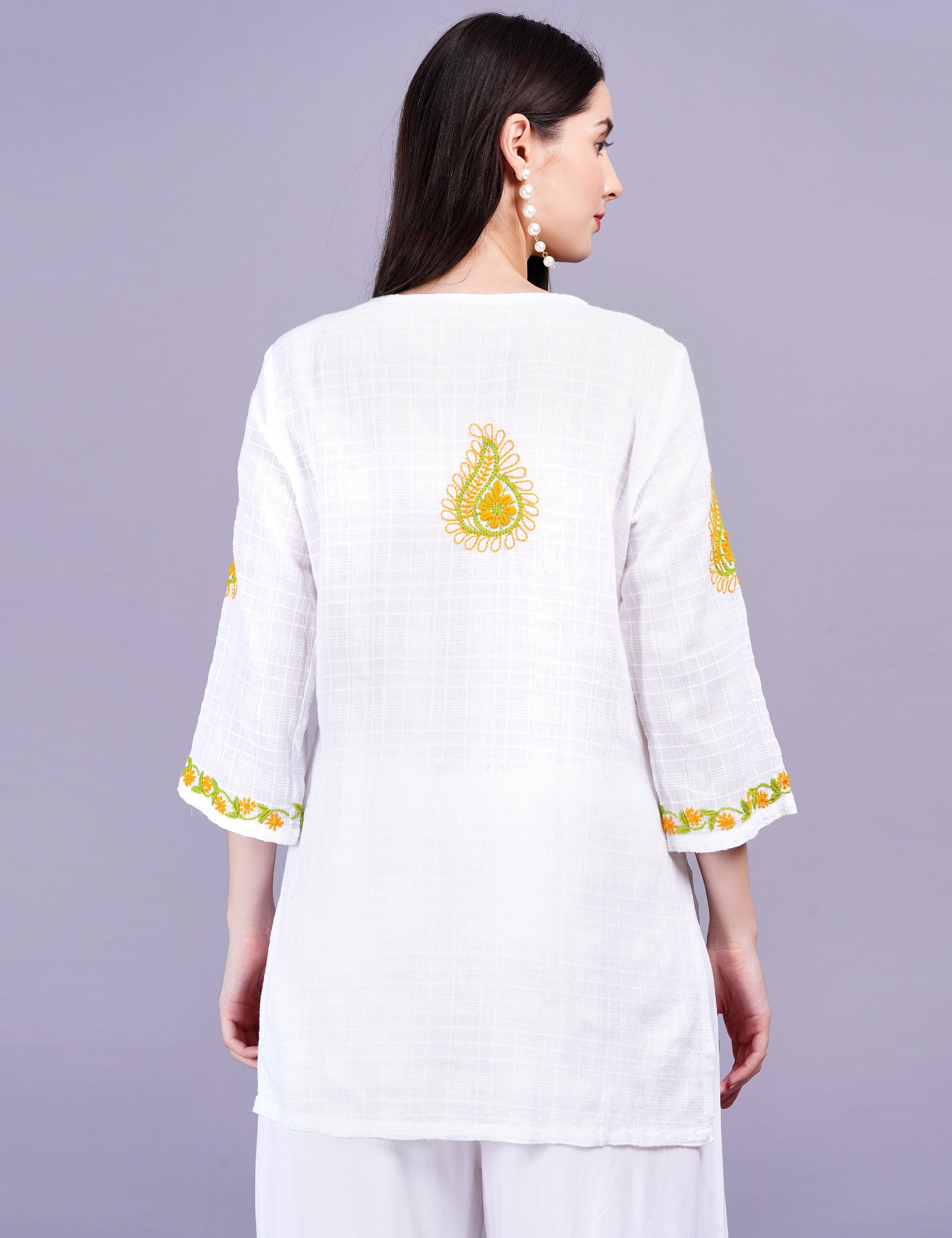 Women's Dobby Cotton White Color Thread Chikankari Kurti