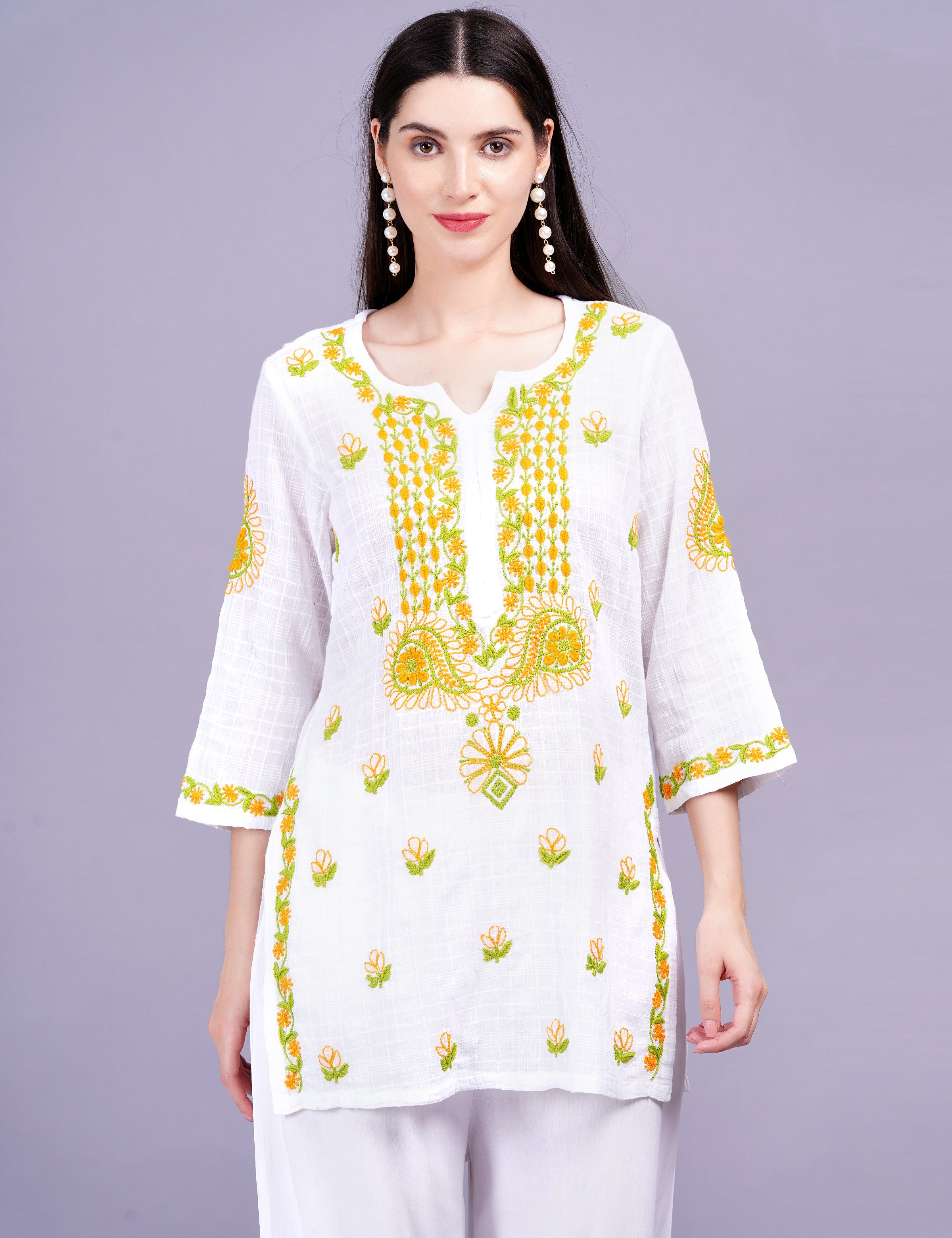 Women's Dobby Cotton White Color Thread Chikankari Kurti