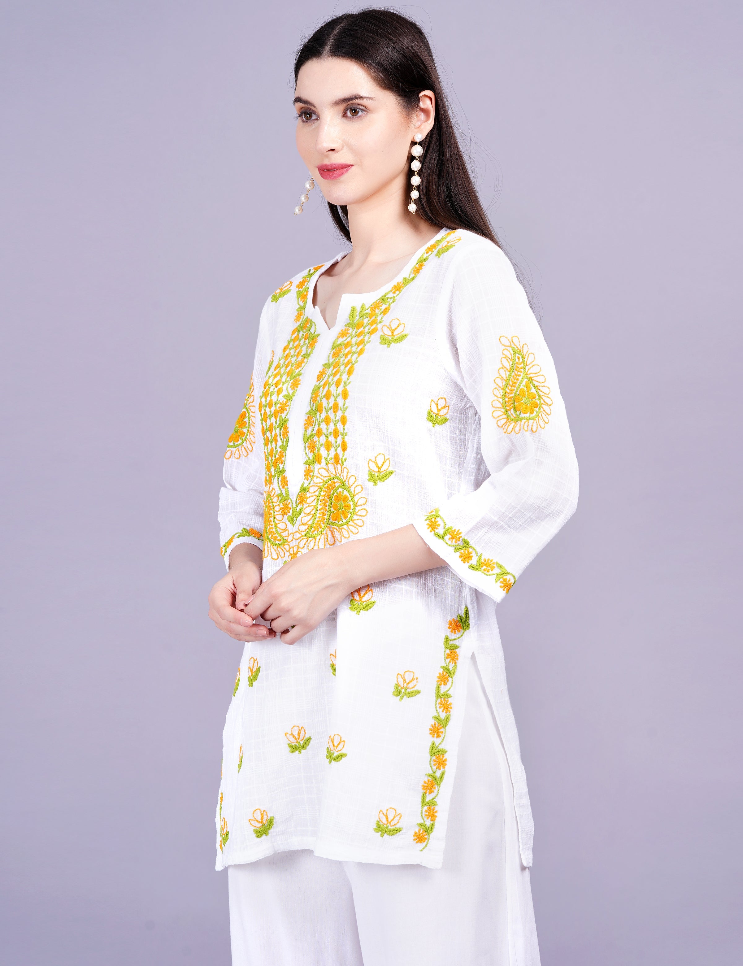 Women's Dobby Cotton White Color Thread Chikankari Kurti