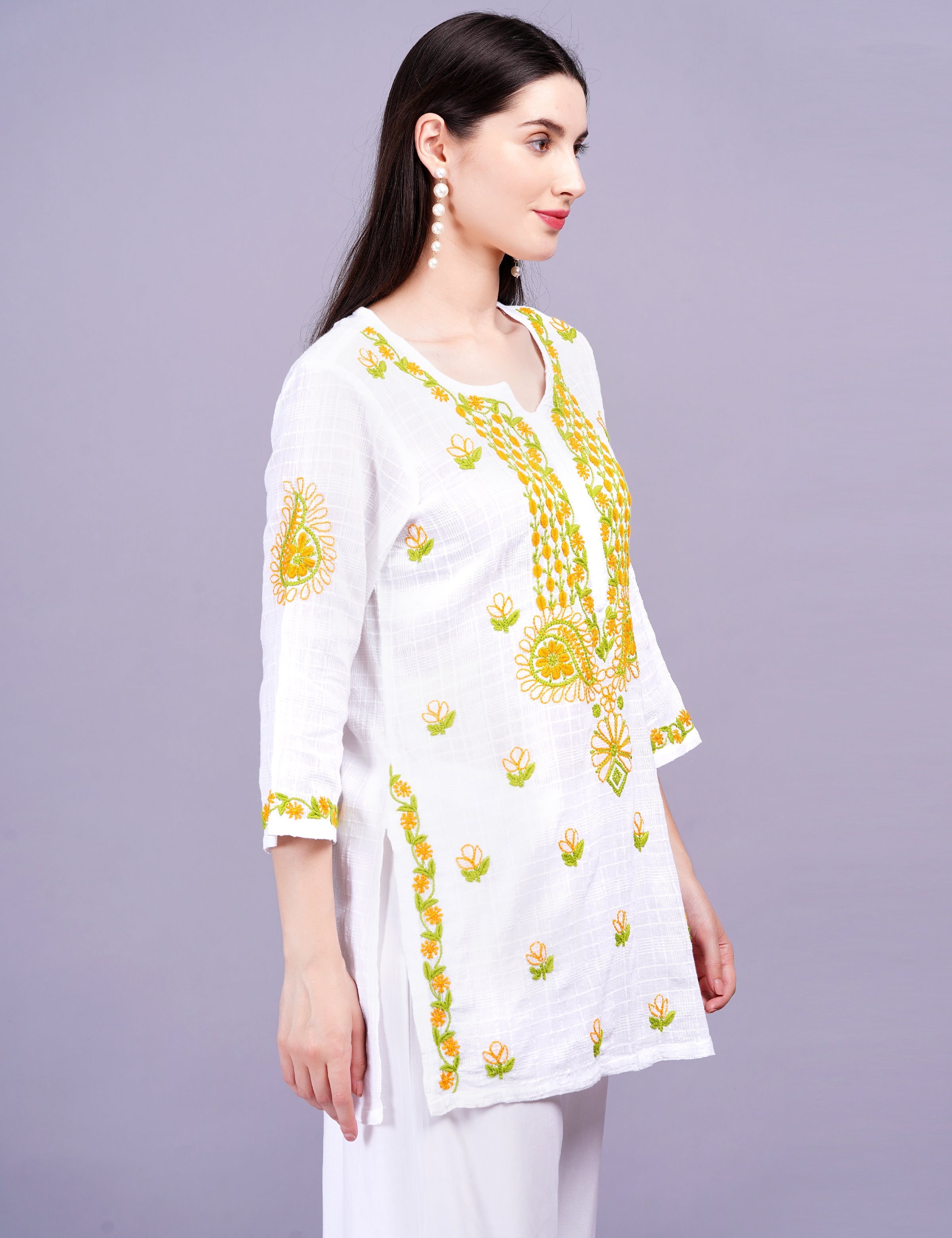 Women's Dobby Cotton White Color Thread Chikankari Kurti