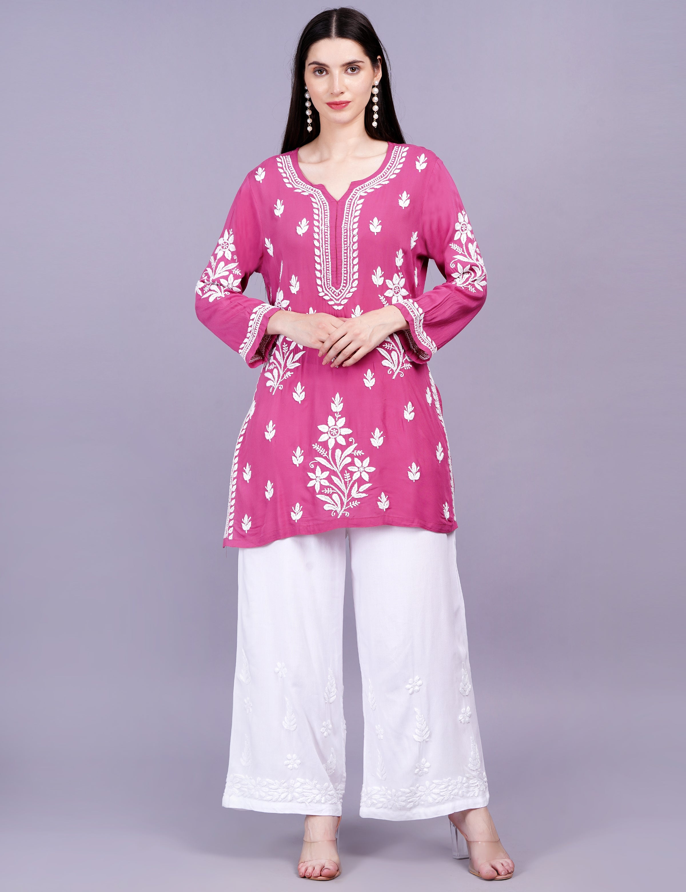 Women's Modal Cotton Wine Chikankari Ghas Pati Kurti