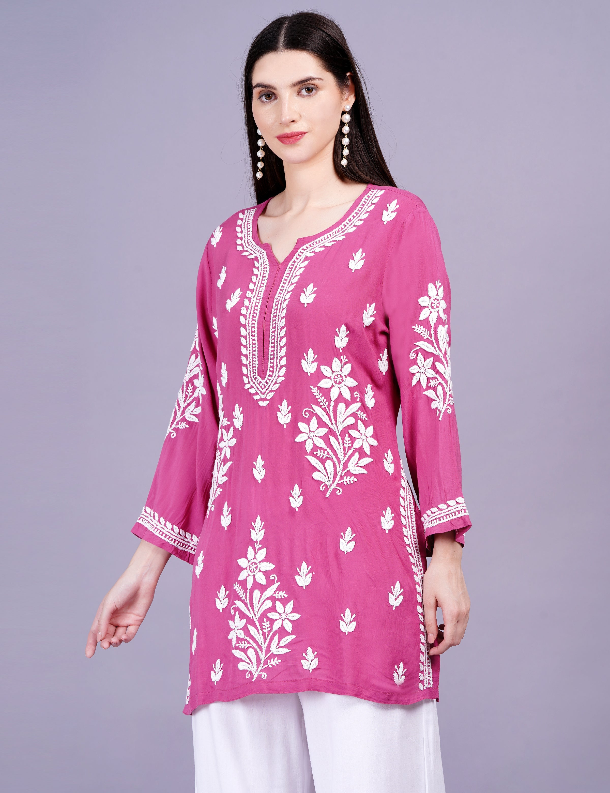 Women's Modal Cotton Wine Chikankari Ghas Pati Kurti