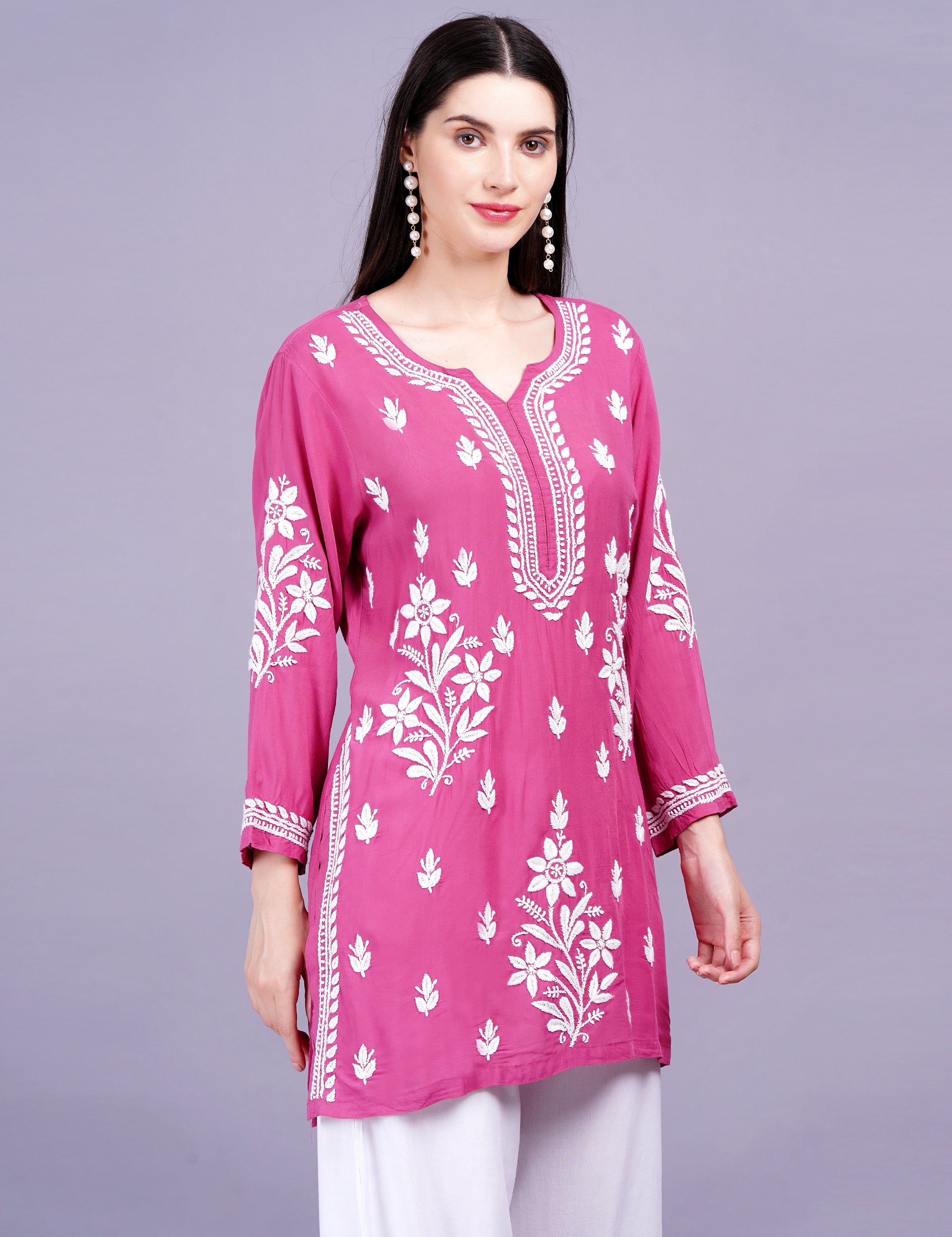 Women's Modal Cotton Wine Chikankari Ghas Pati Kurti