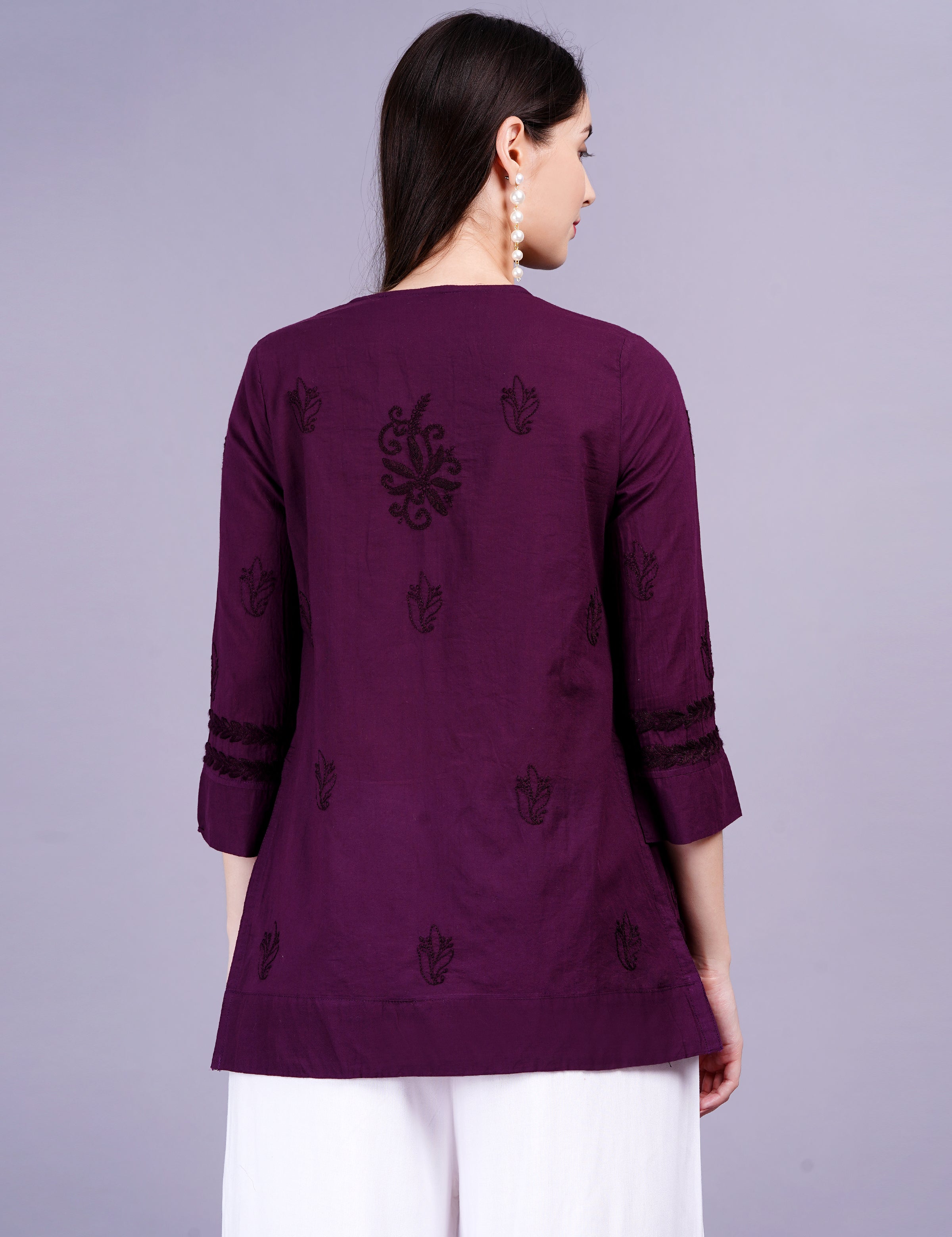 Women's Dark Wine Cotton Chikankari Kurti