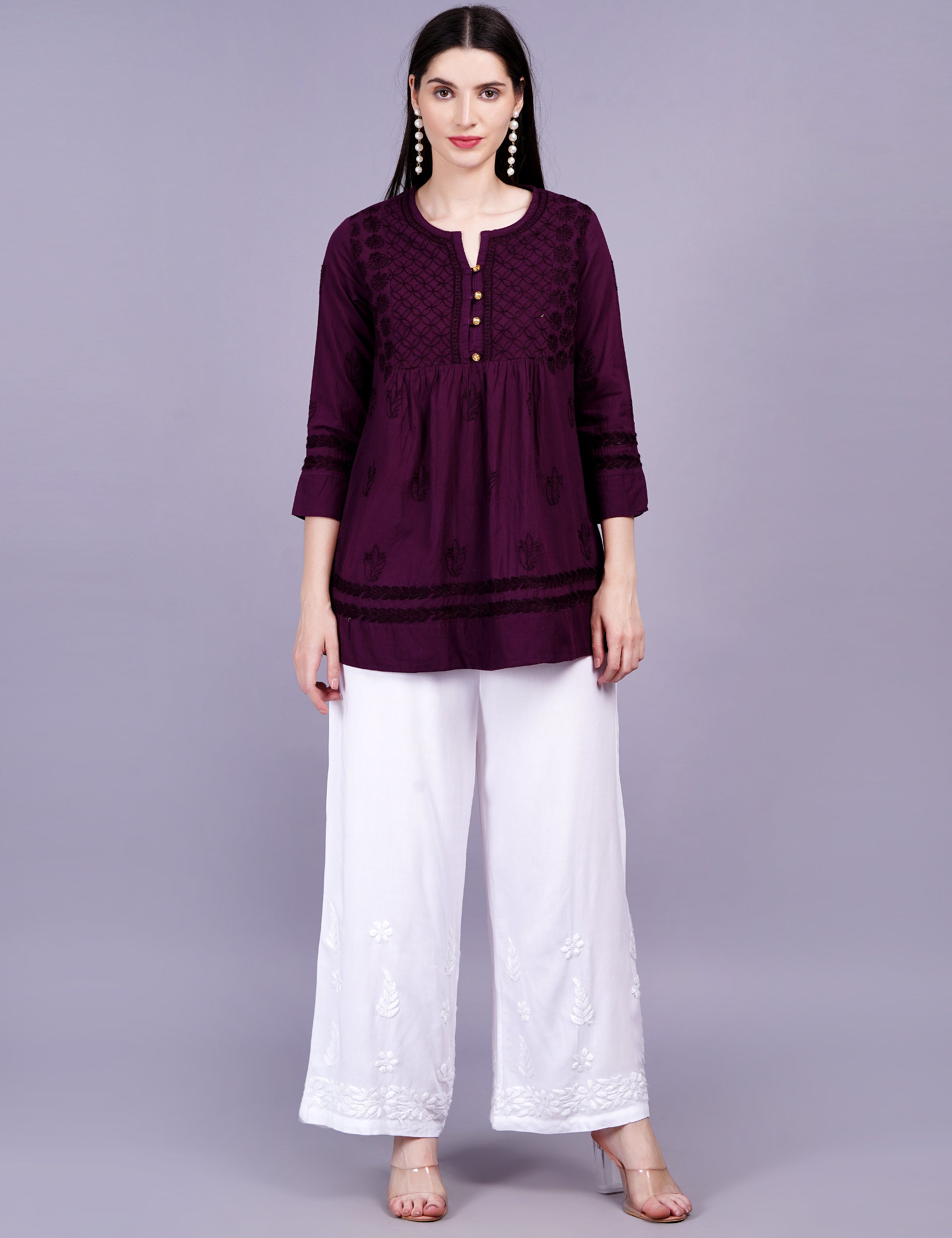 Women's Dark Wine Cotton Chikankari Kurti