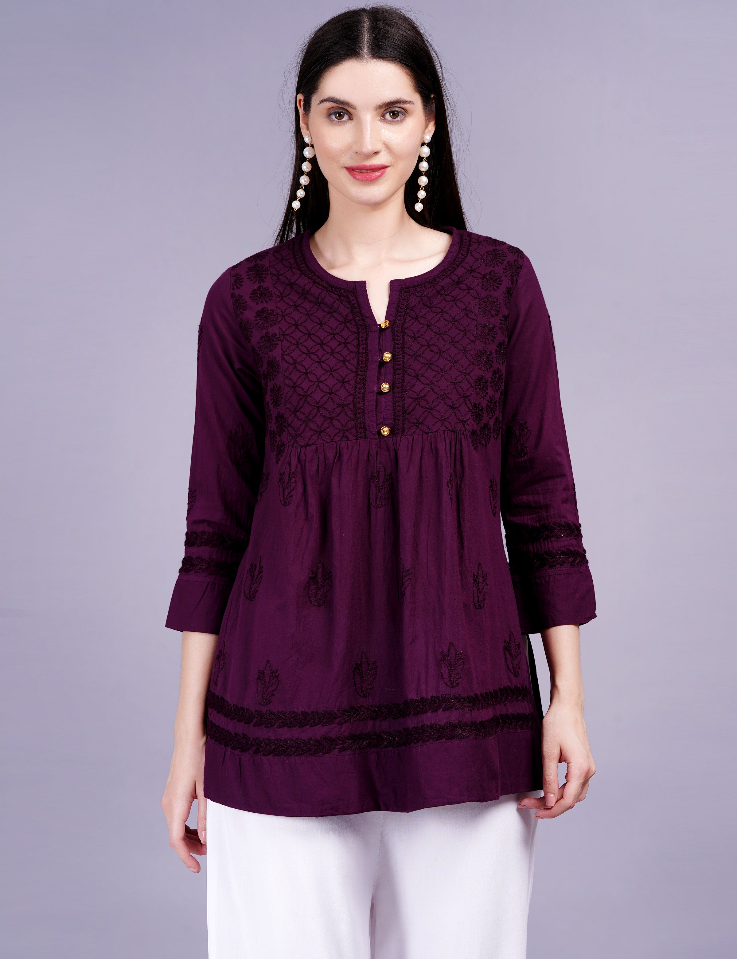 Women's Dark Wine Cotton Chikankari Kurti