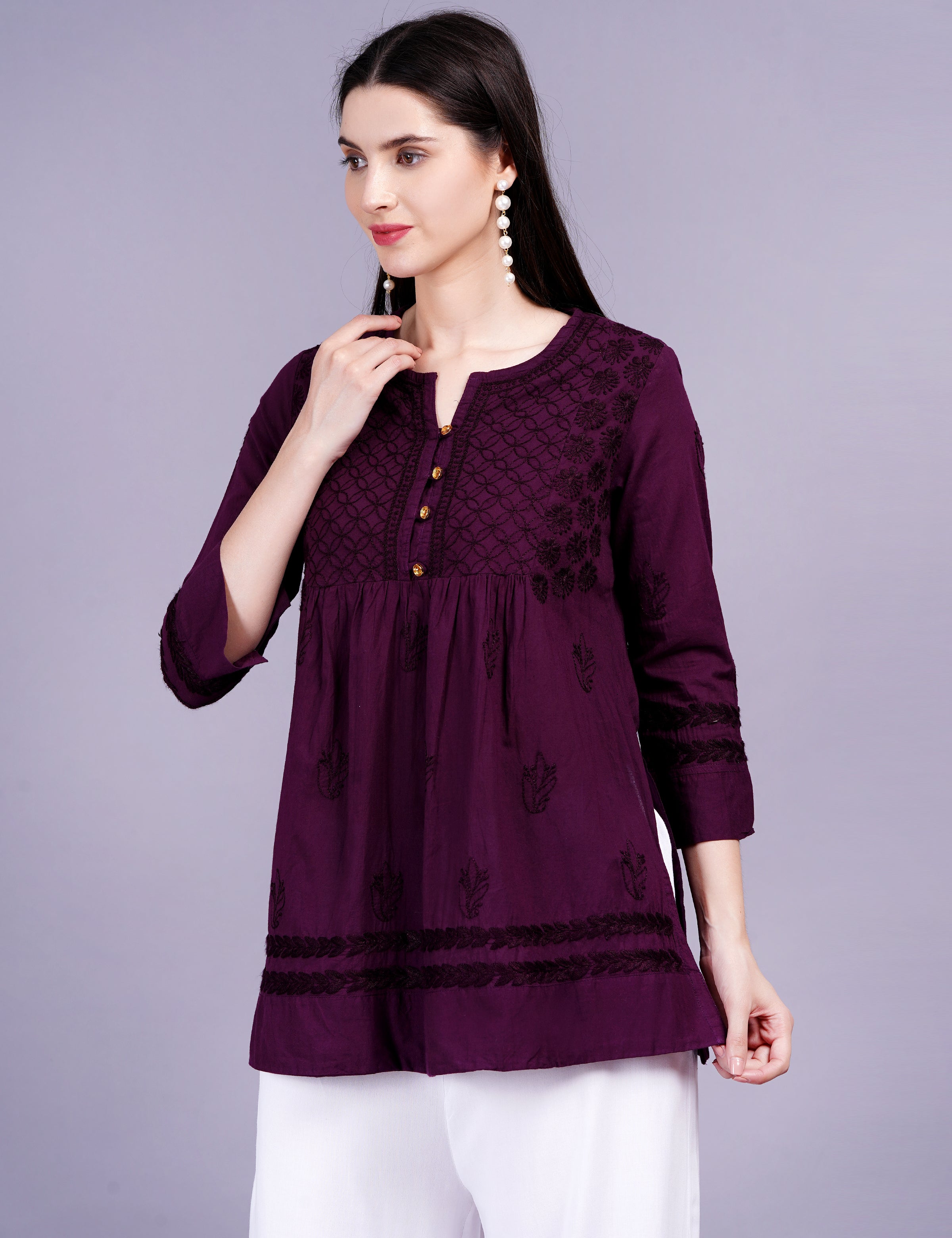 Women's Dark Wine Cotton Chikankari Kurti