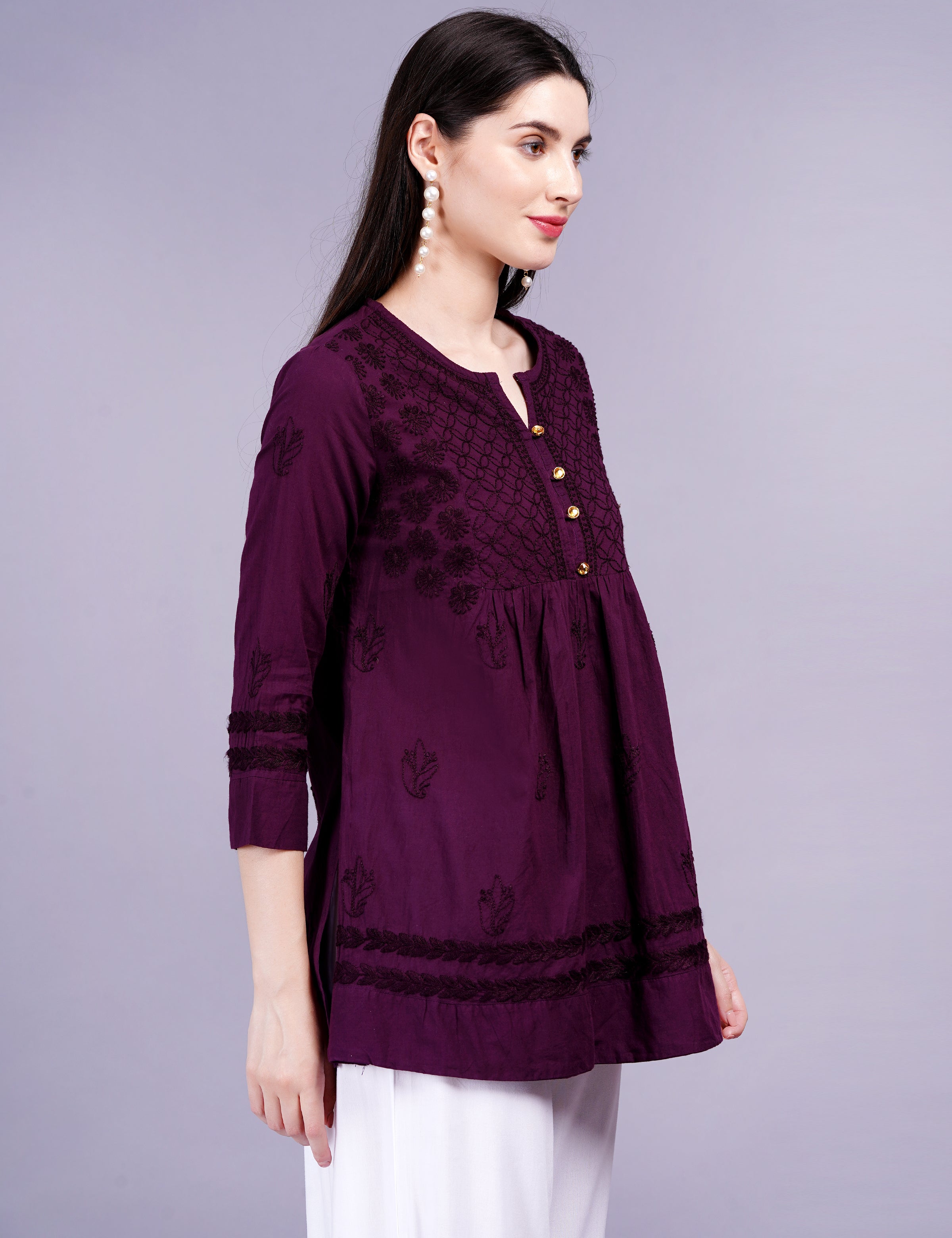 Women's Dark Wine Cotton Chikankari Kurti