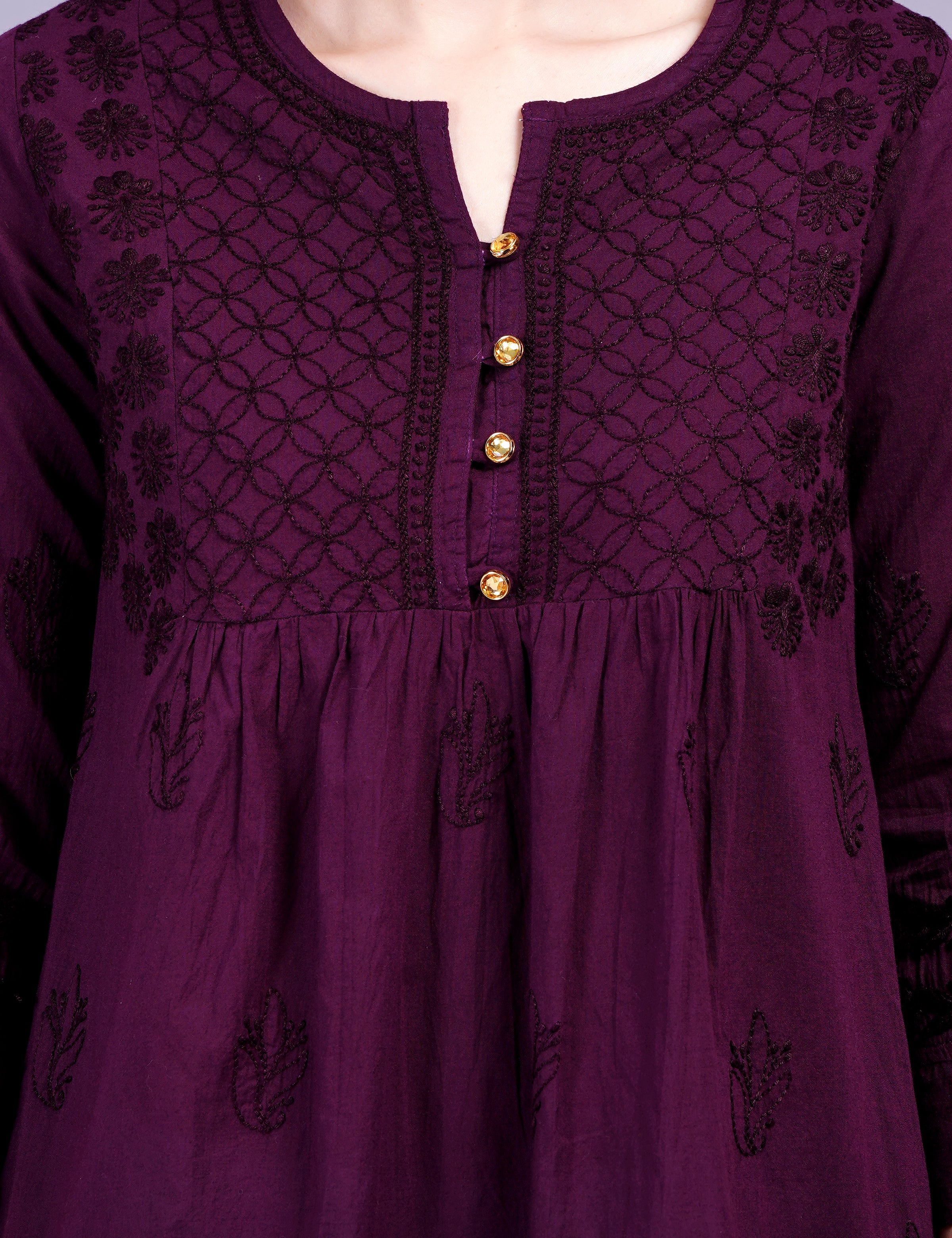 Women's Dark Wine Cotton Chikankari Kurti