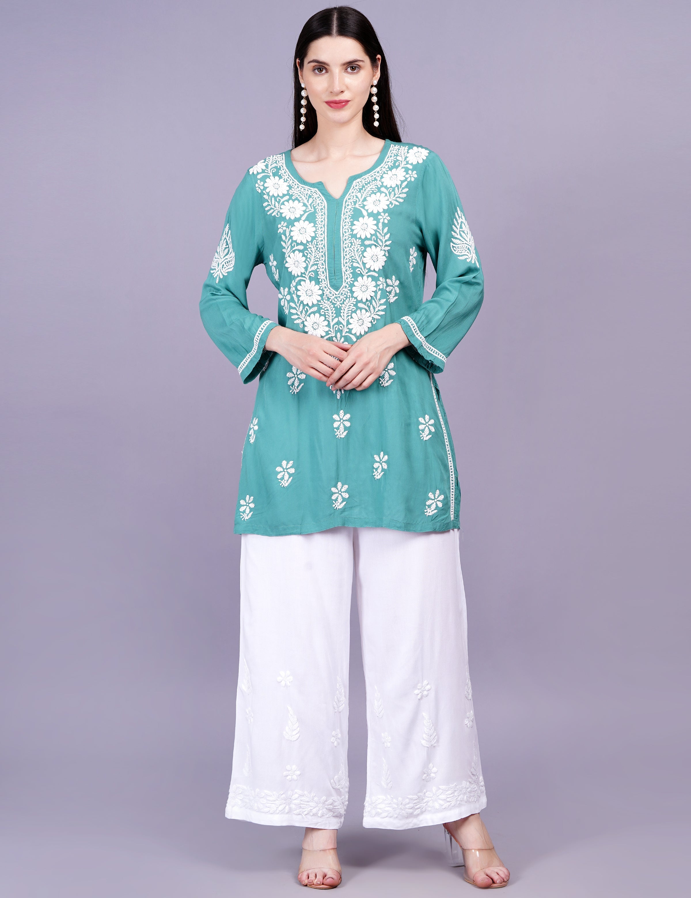 Women's Modal Cotton Green Chikankari Kurti