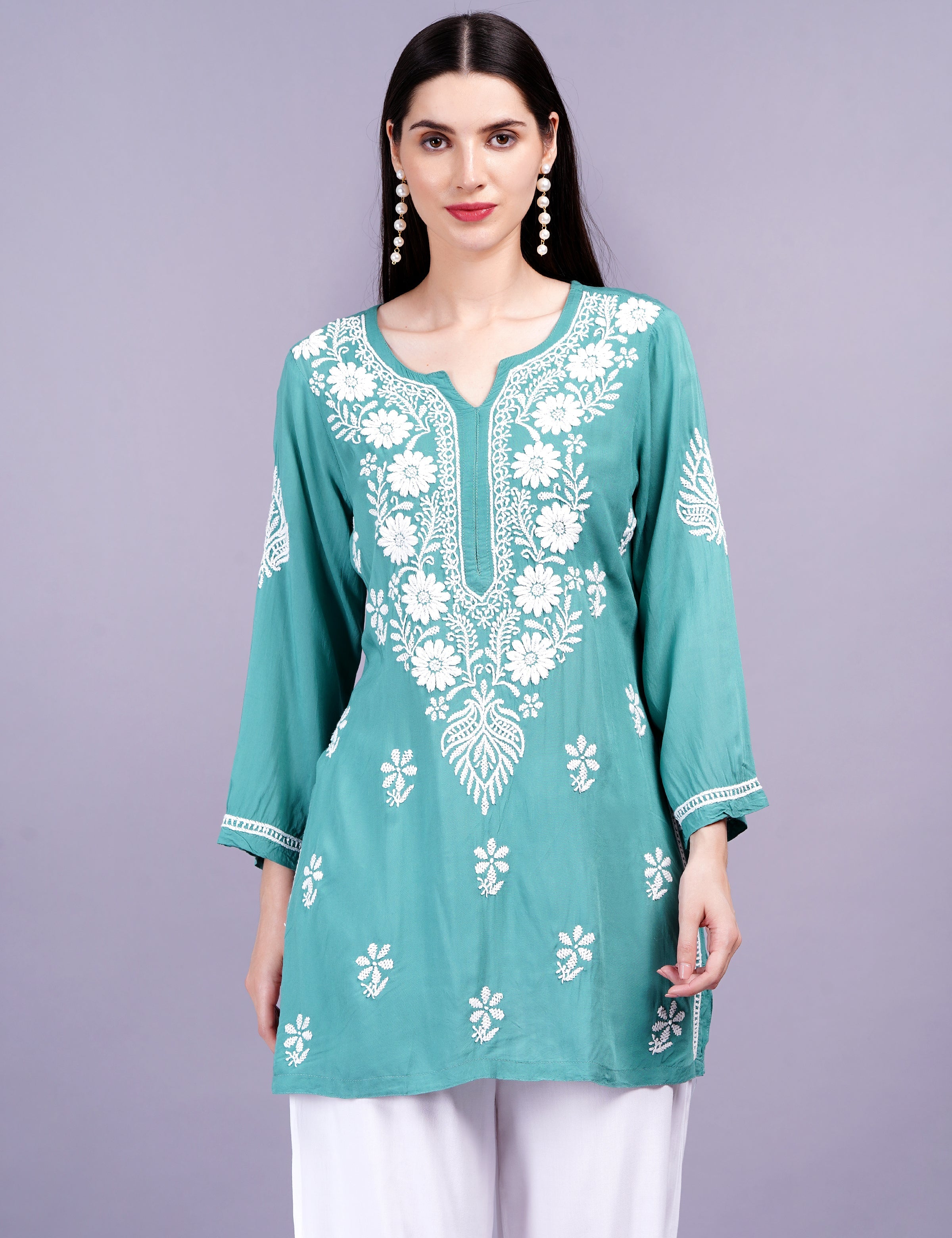 Women's Modal Cotton Green Chikankari Kurti