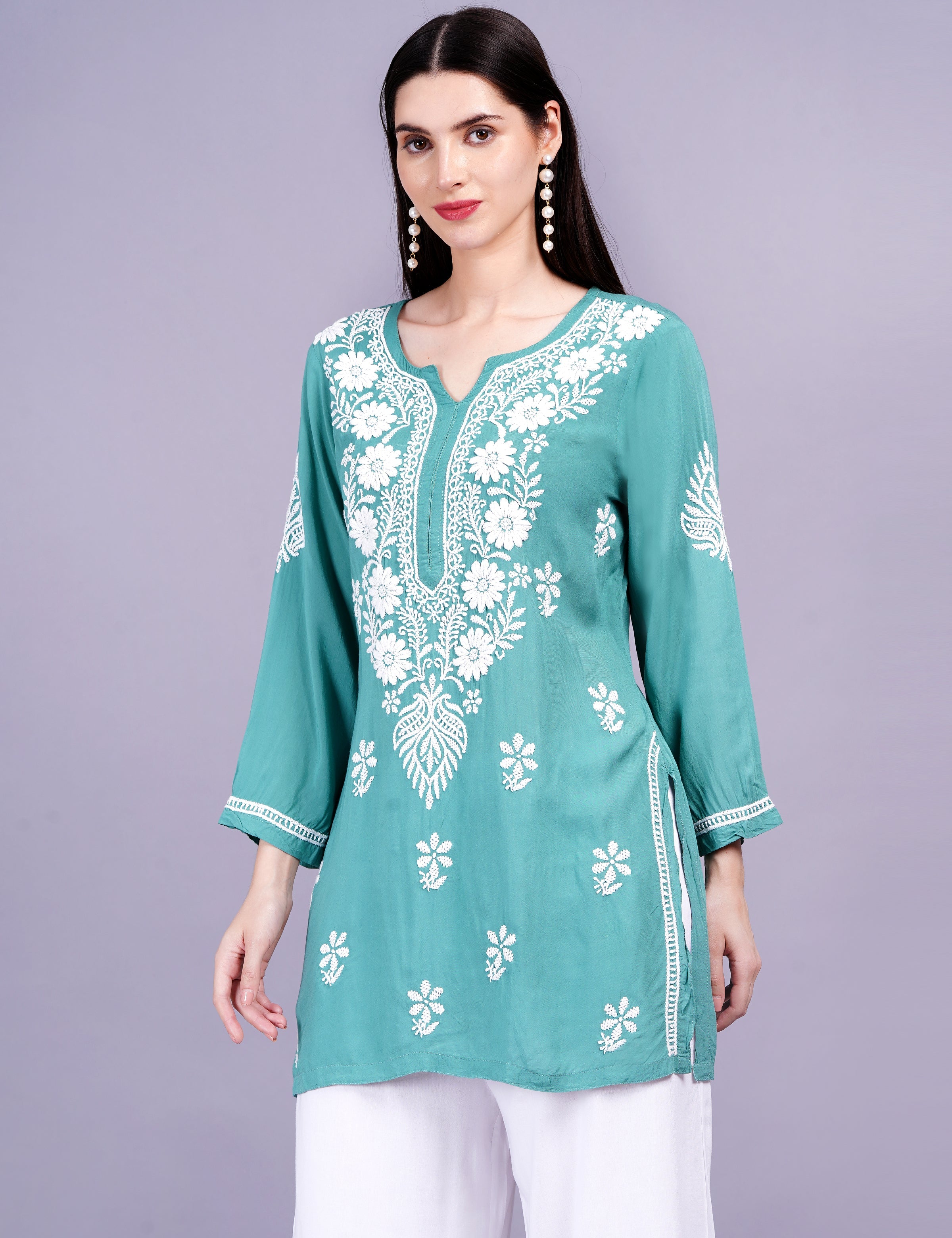 Women's Modal Cotton Green Chikankari Kurti