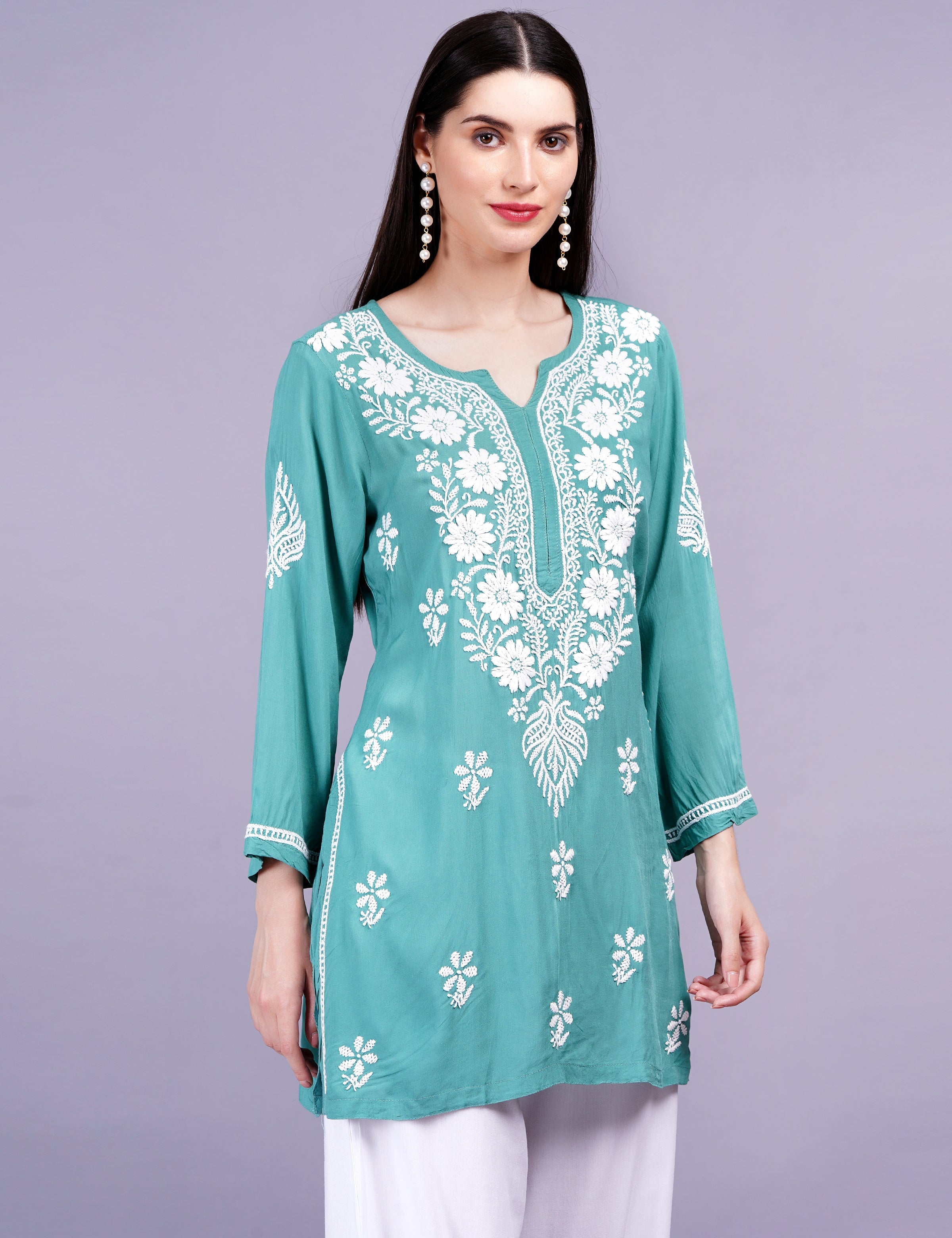 Women's Modal Cotton Green Chikankari Kurti