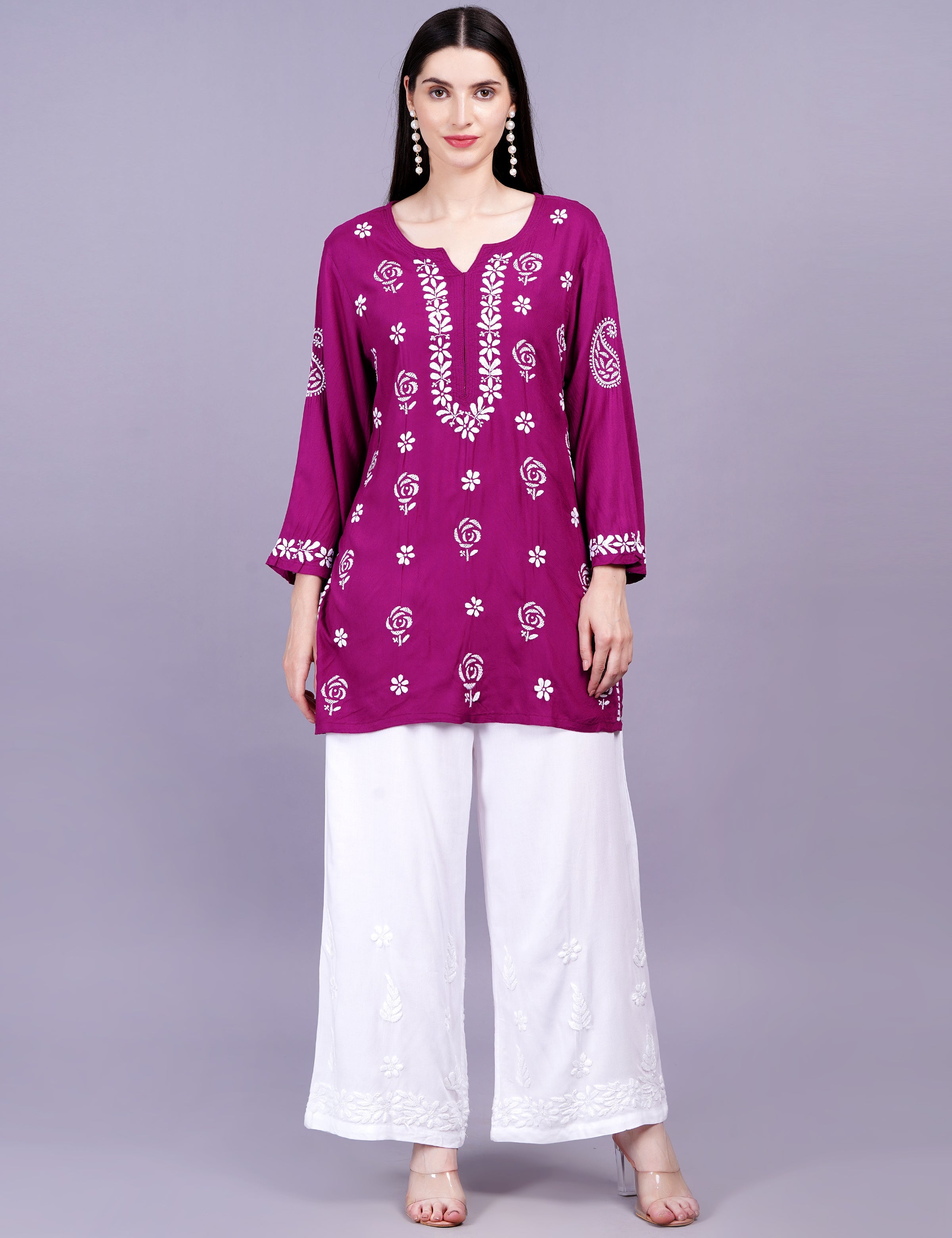 Women's Modal Onion Color Chikankari Kurti
