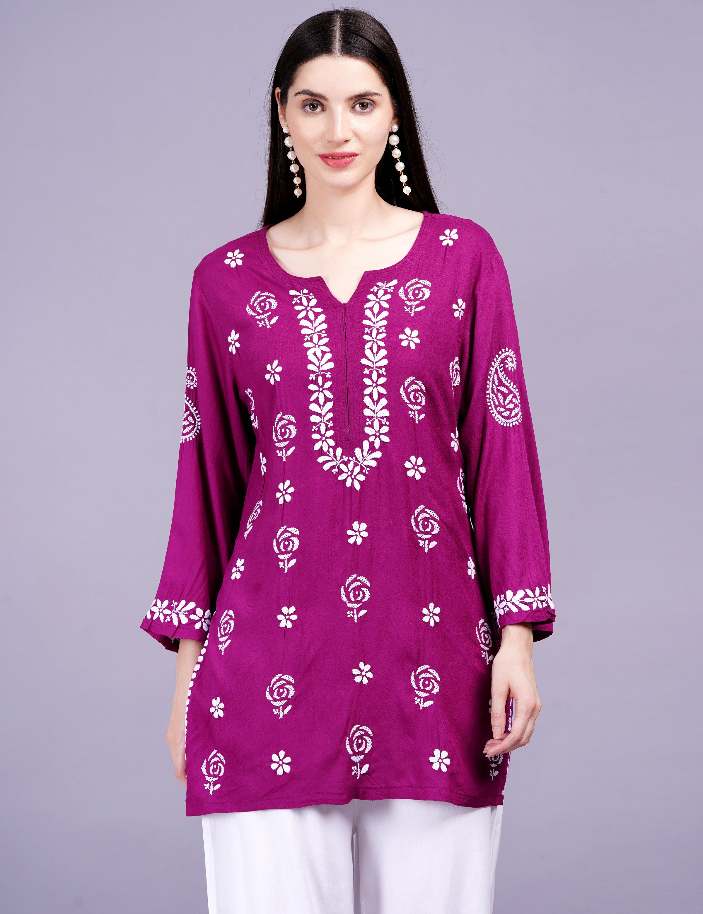 Women's Modal Onion Color Chikankari Kurti
