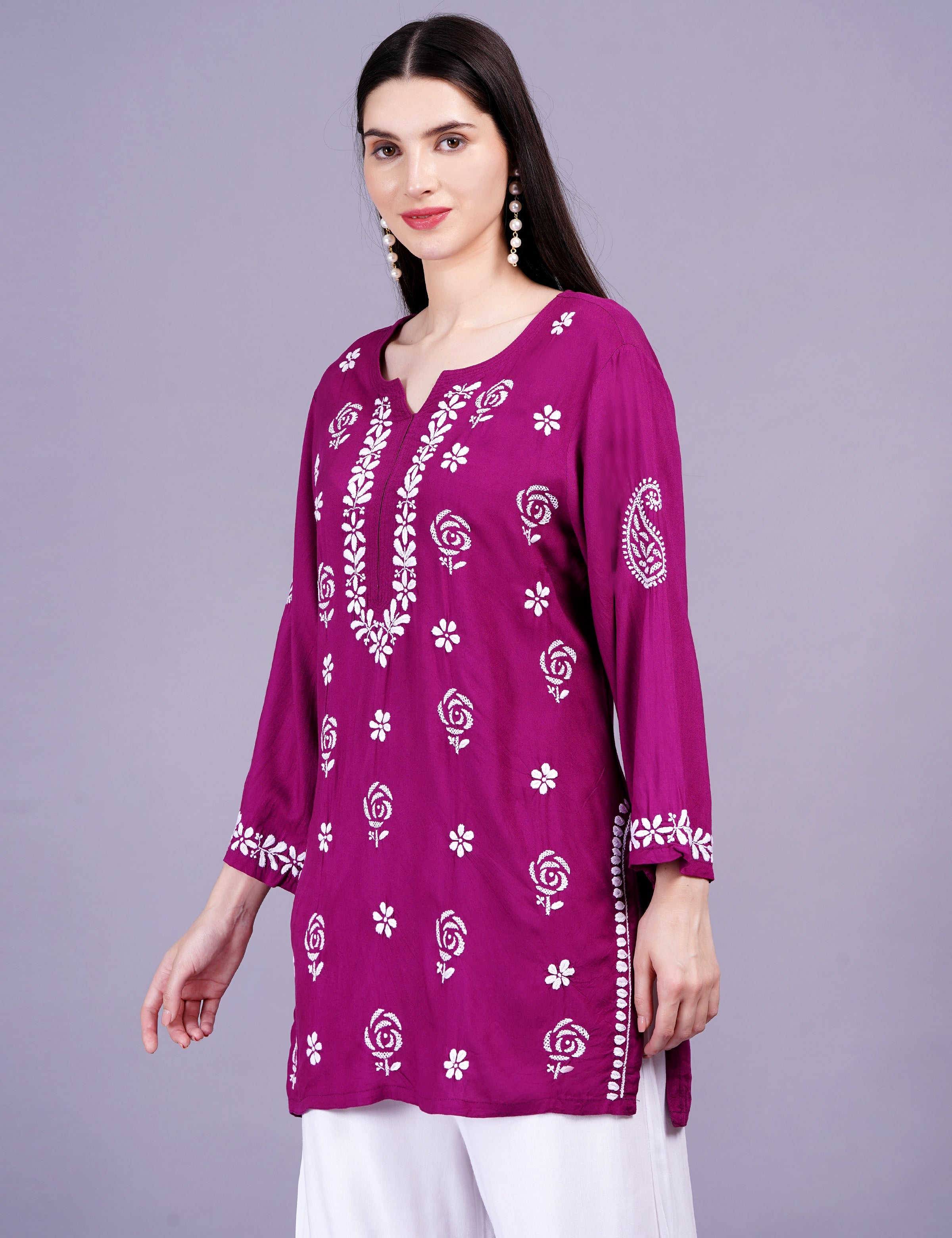 Women's Modal Onion Color Chikankari Kurti