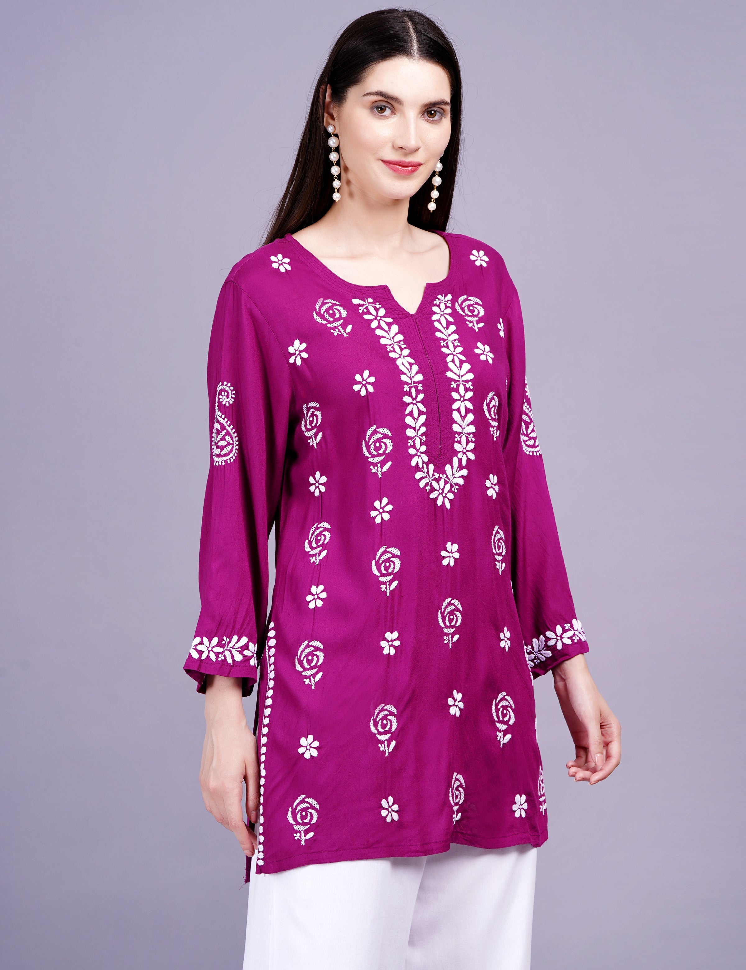 Women's Modal Onion Color Chikankari Kurti