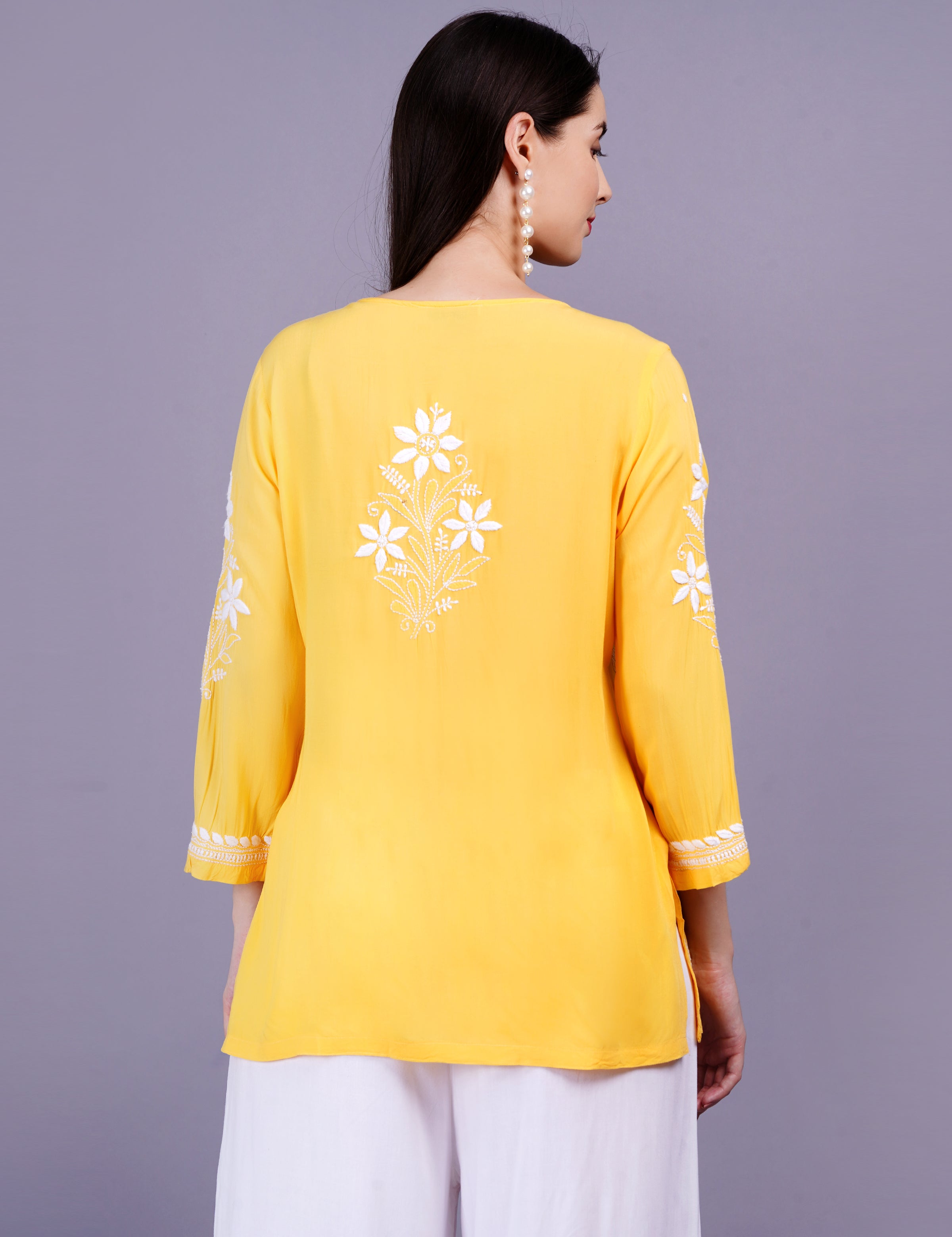 Women's Modal Yellow Color Chikankari Kurti