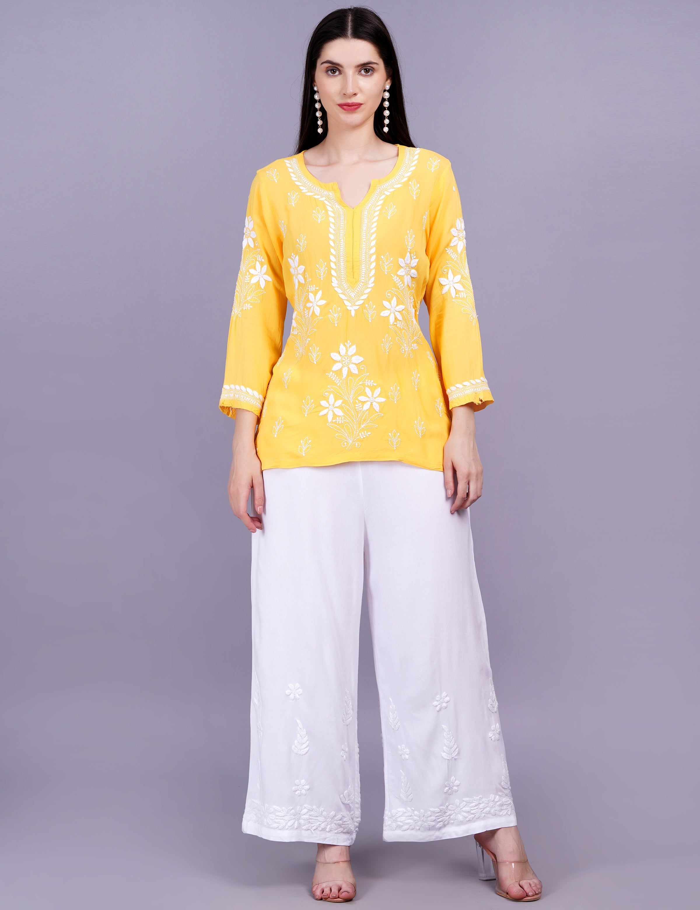 Women's Modal Yellow Color Chikankari Kurti