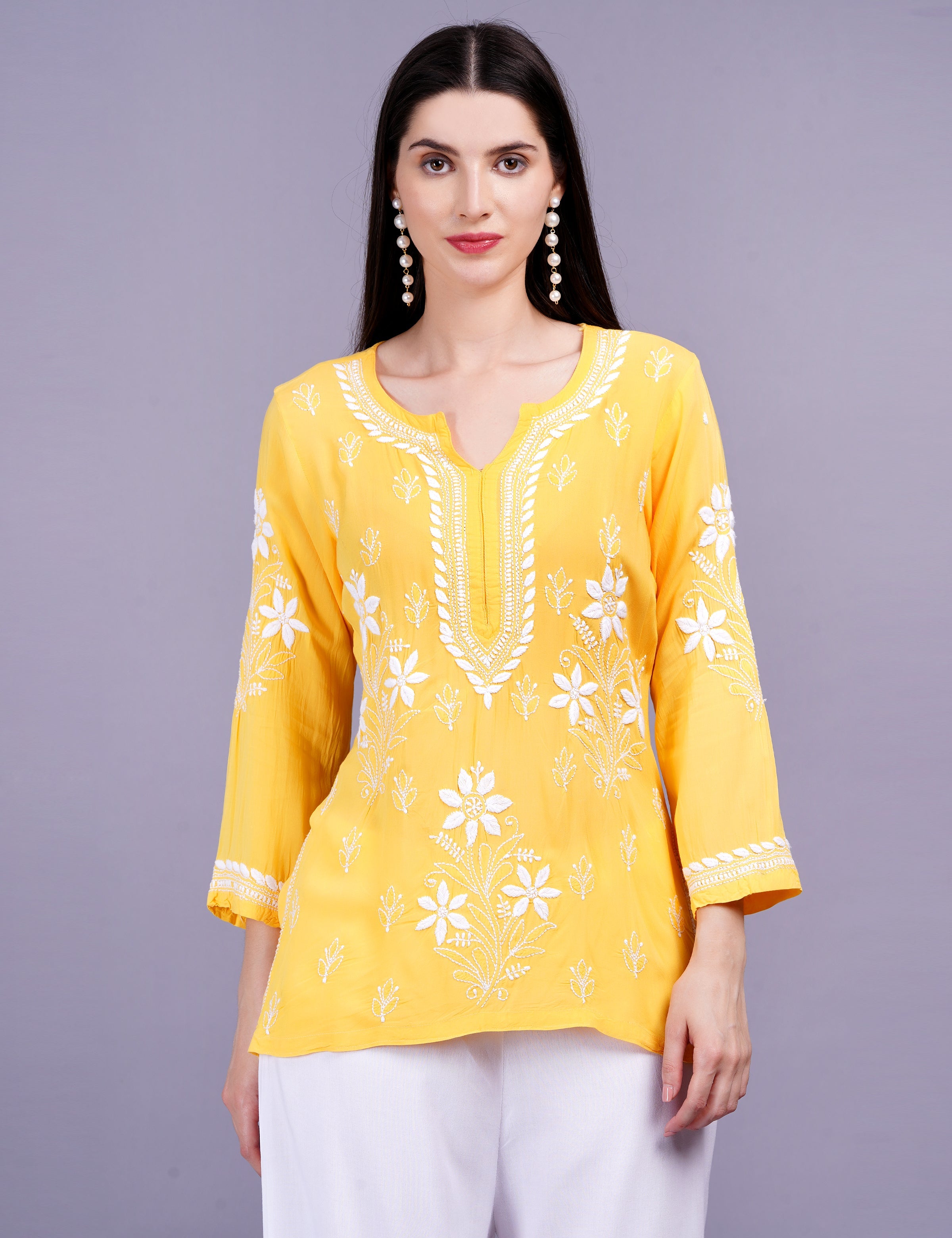 Women's Modal Yellow Color Chikankari Kurti
