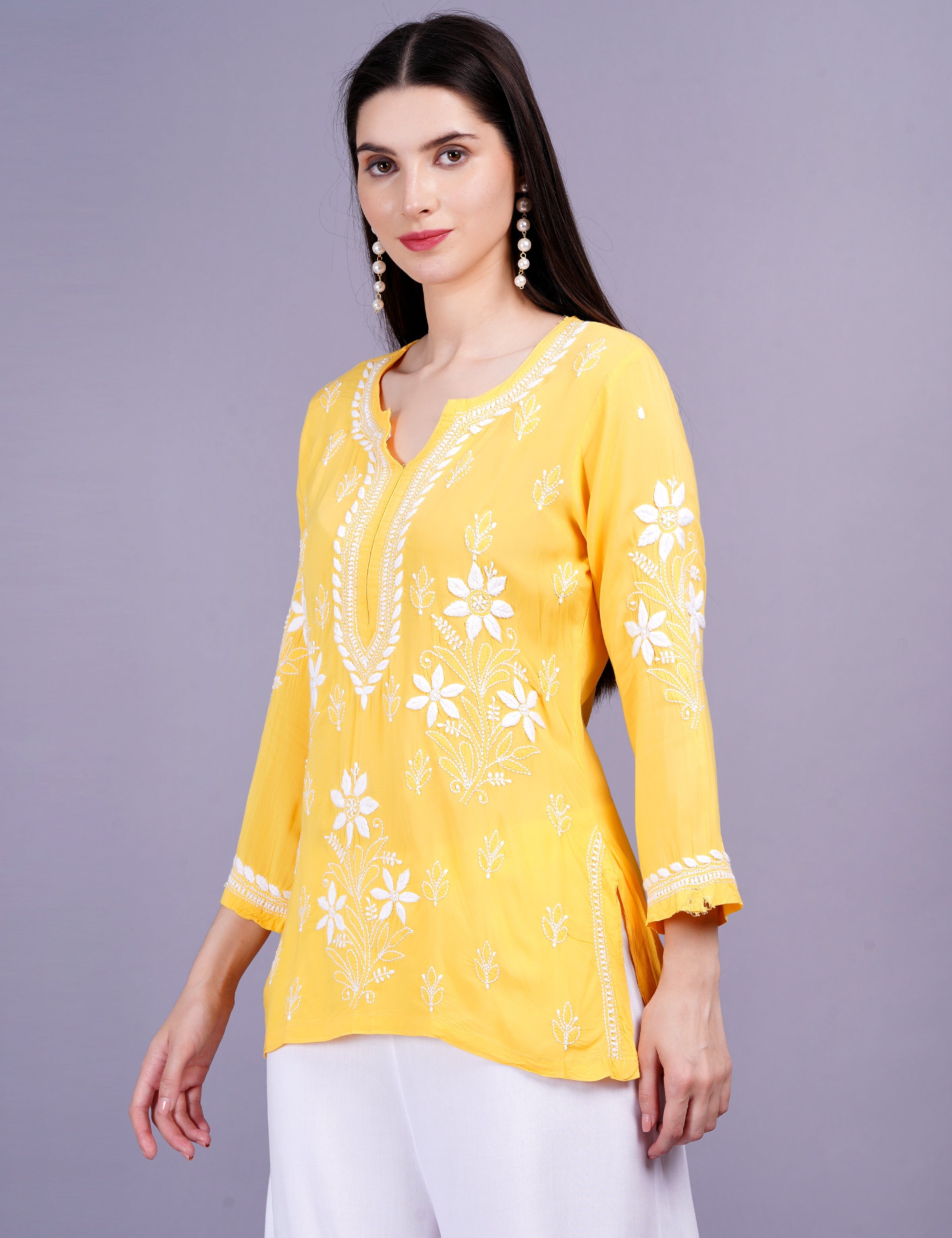 Women's Modal Yellow Color Chikankari Kurti
