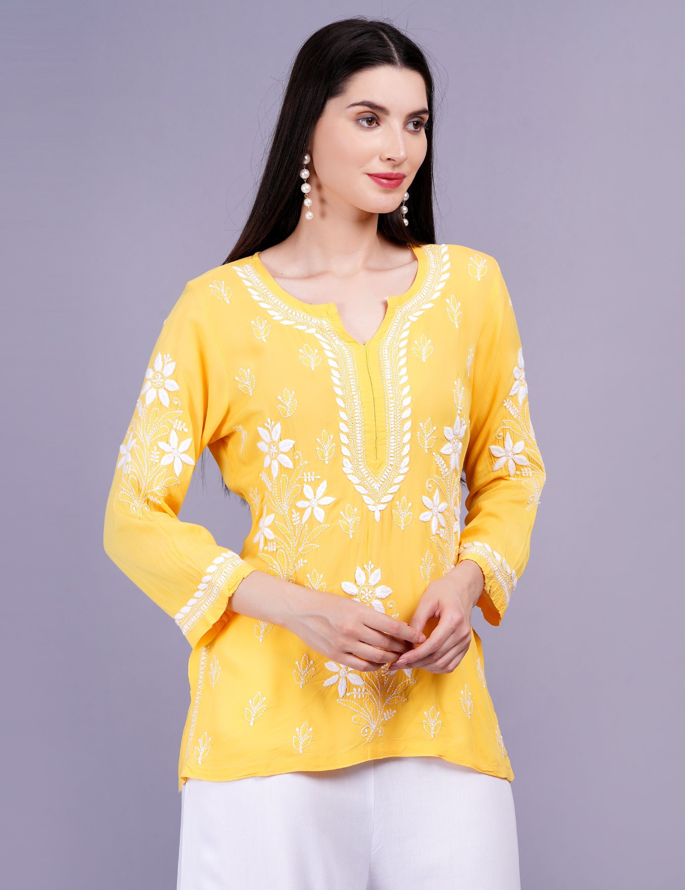 Women's Modal Yellow Color Chikankari Kurti