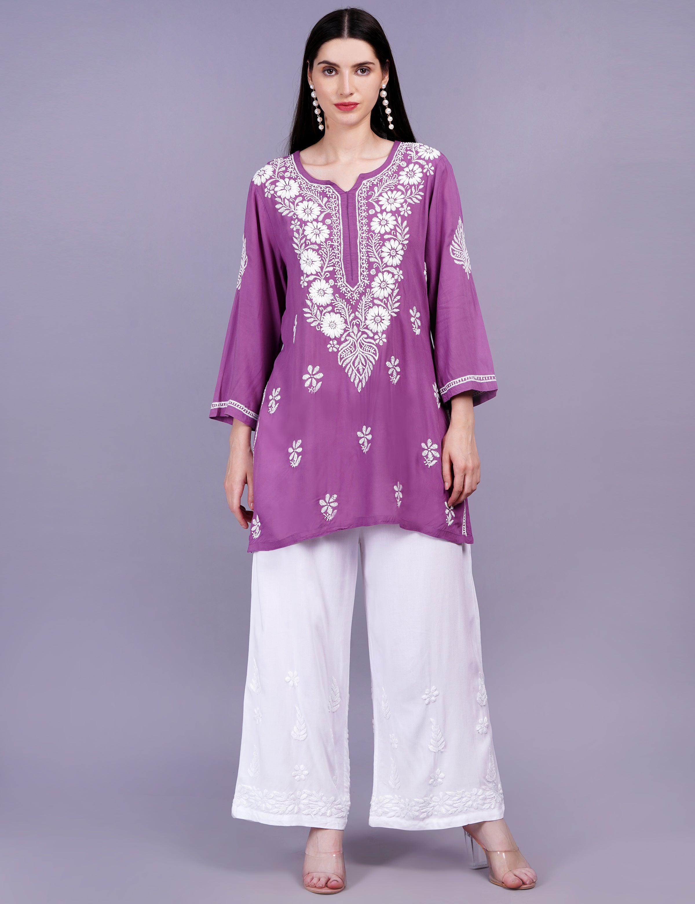 Women's Modal Wine Color Chikankari Kurti