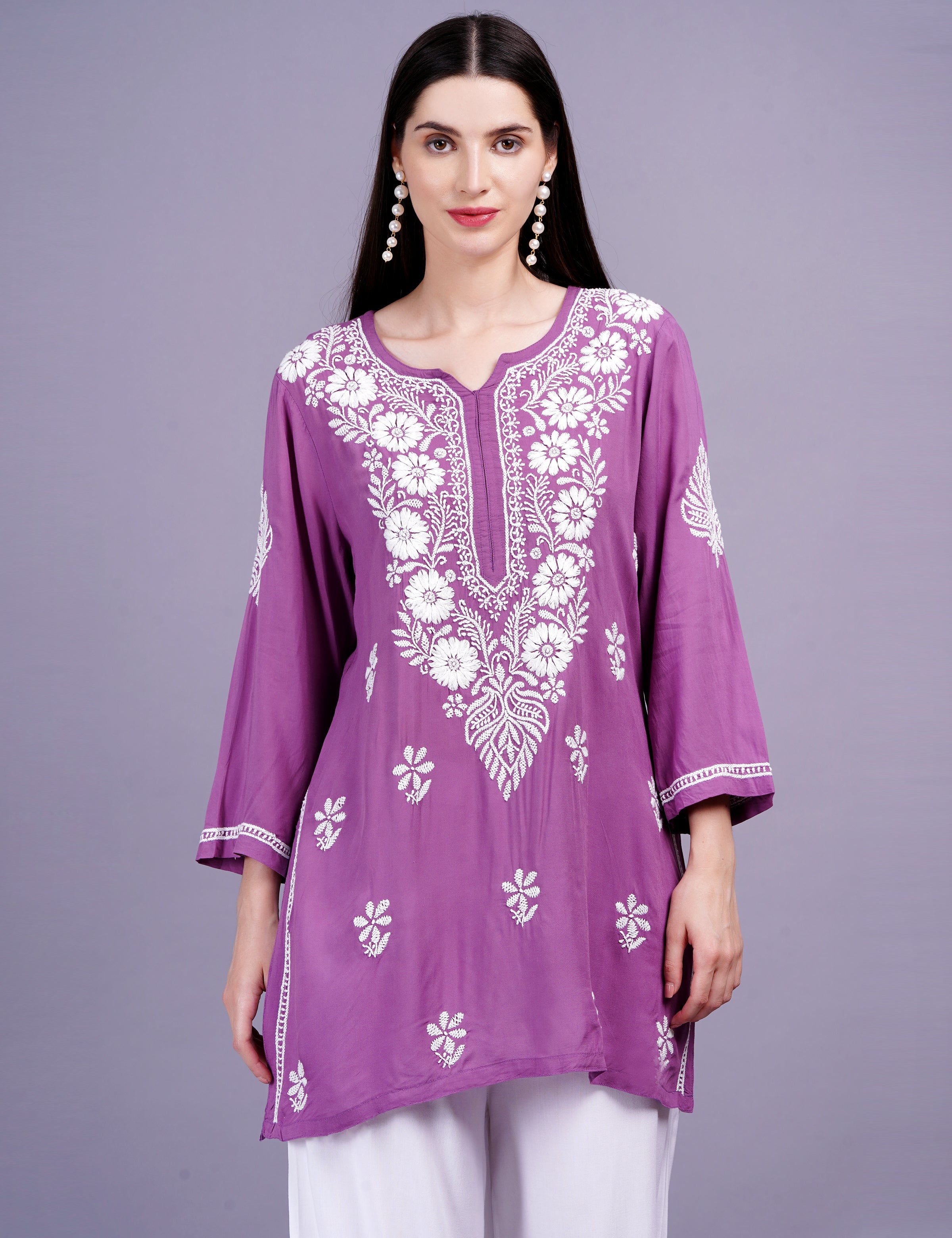 Women's Modal Wine Color Chikankari Kurti