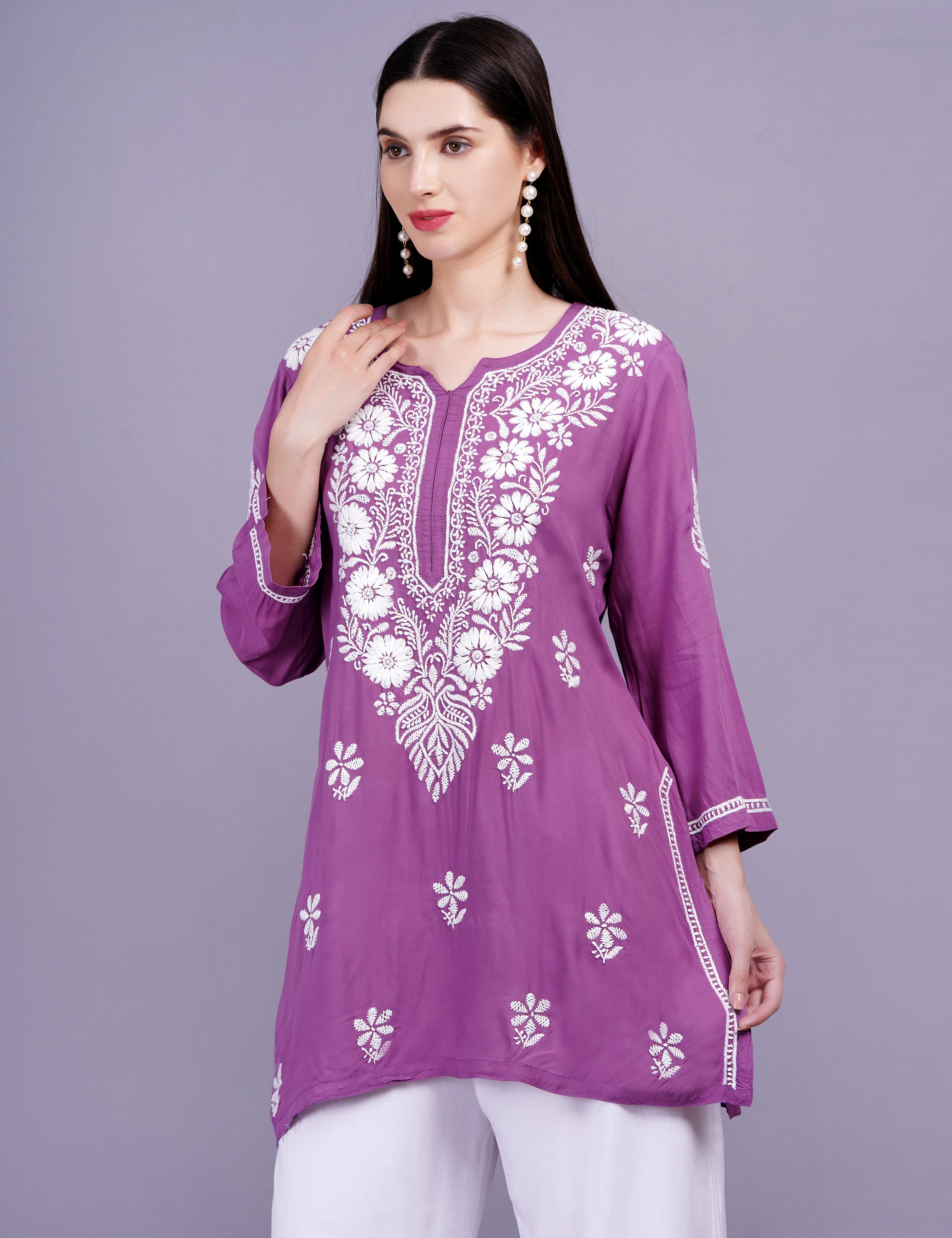 Women's Modal Wine Color Chikankari Kurti