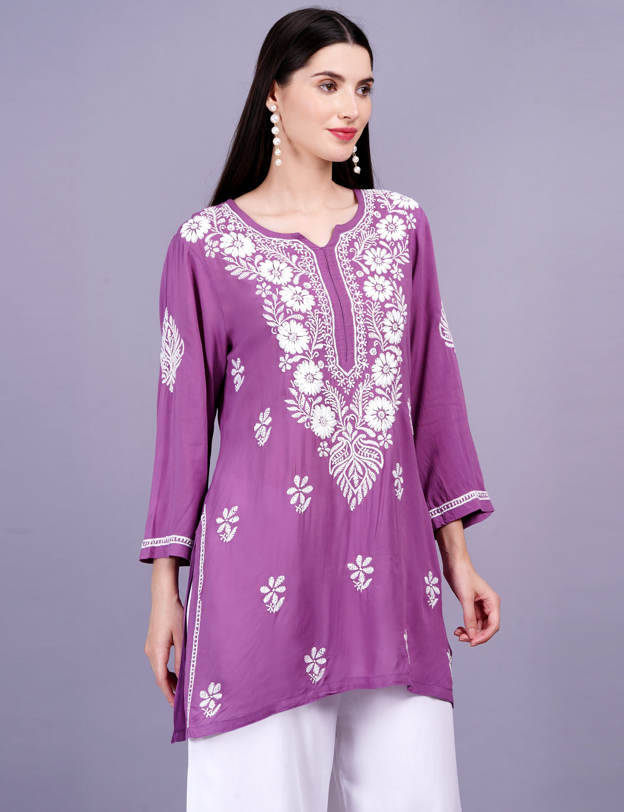 Women's Modal Wine Color Chikankari Kurti