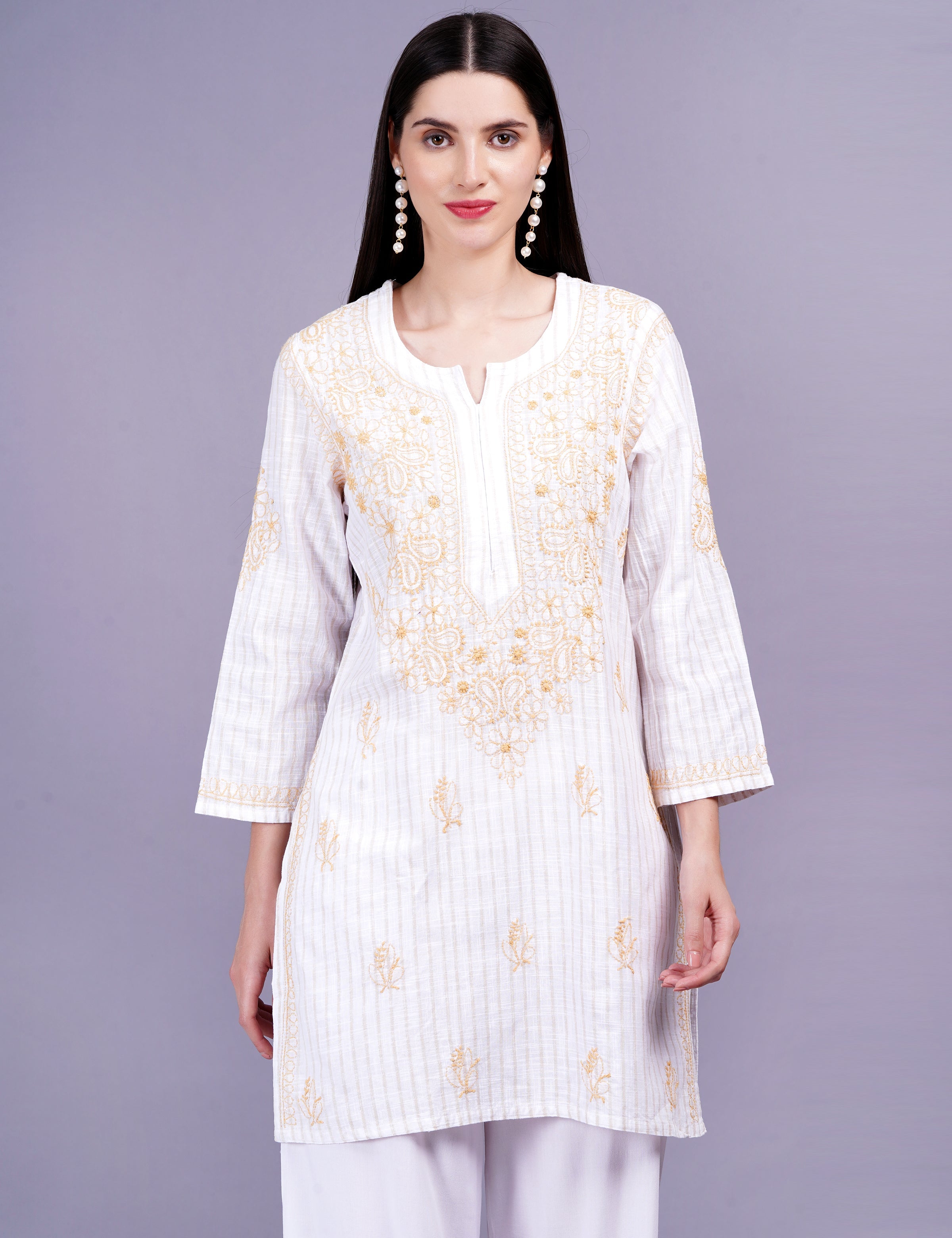 Women's Cream Color Khadi Chikankari Kurti