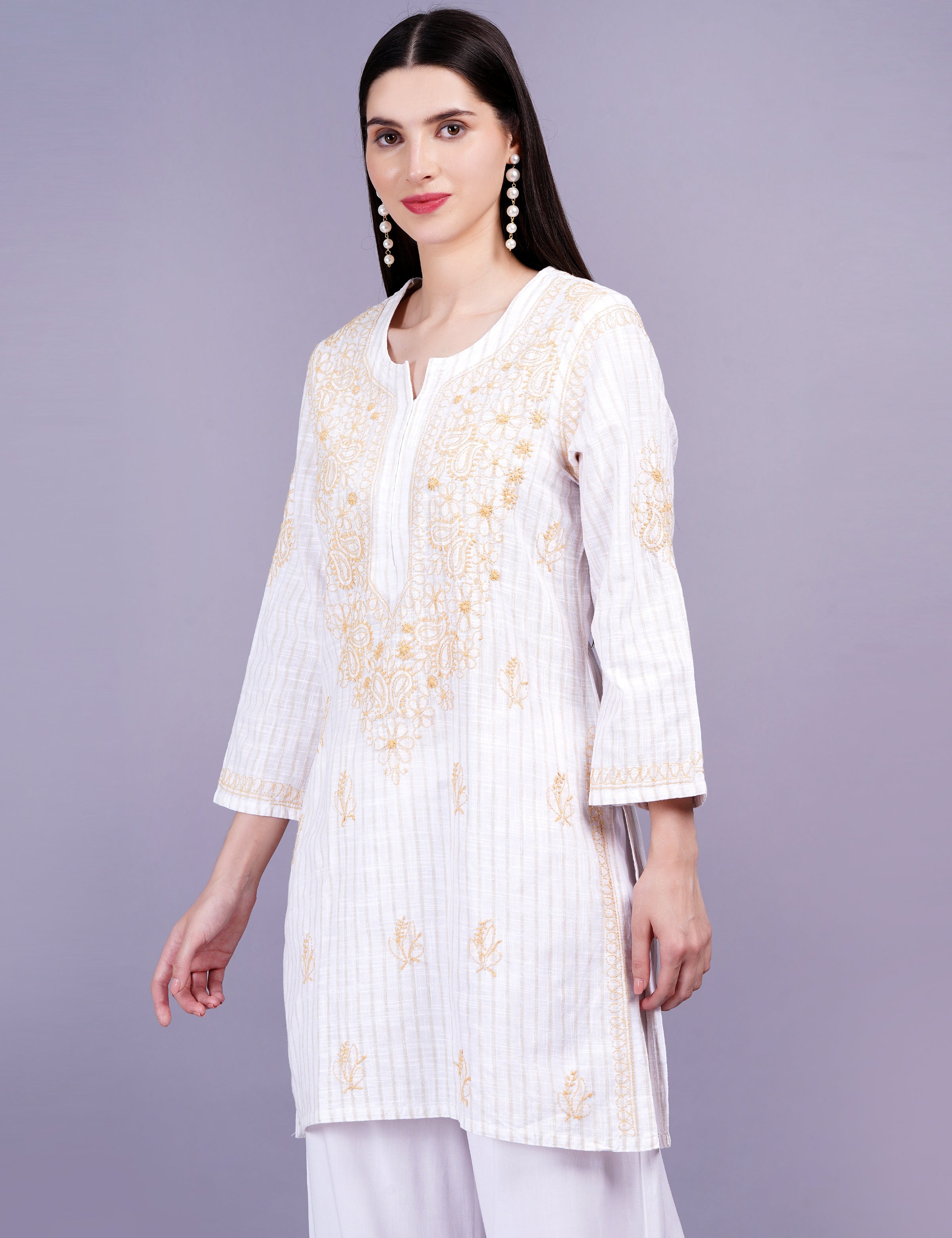 Women's Cream Color Khadi Chikankari Kurti