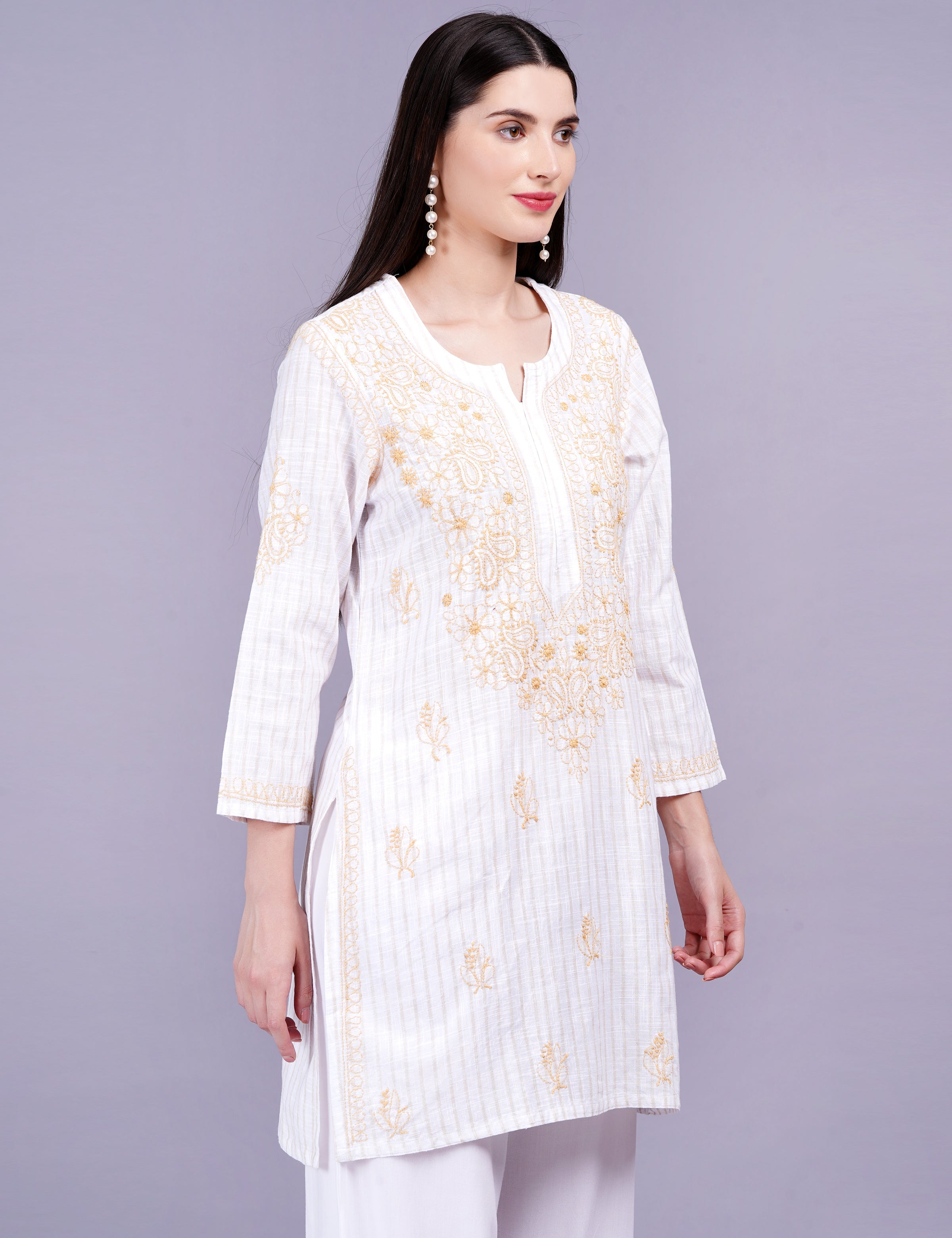Women's Cream Color Khadi Chikankari Kurti