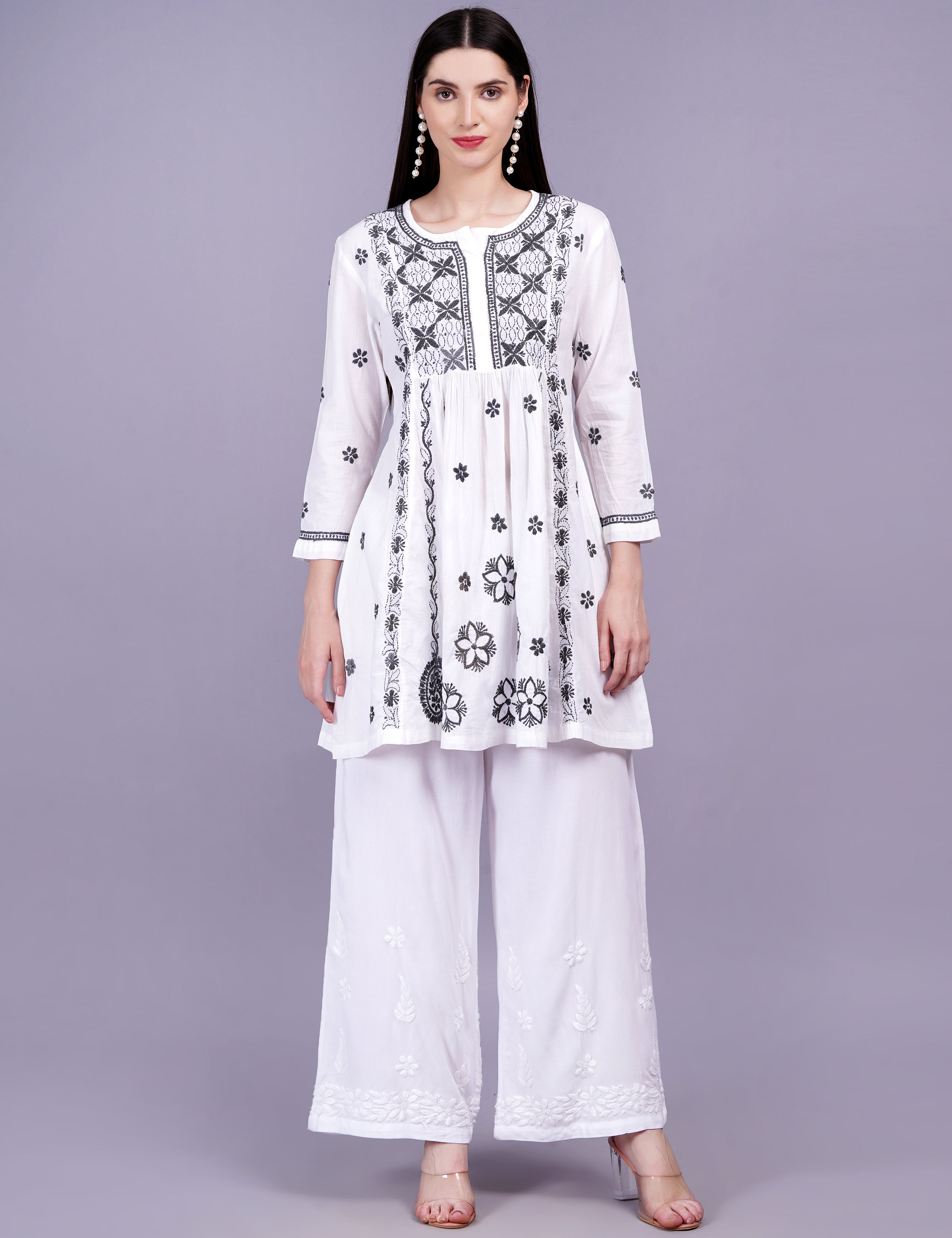 Women's White Dress Gray Color Thread Chikankari Dress